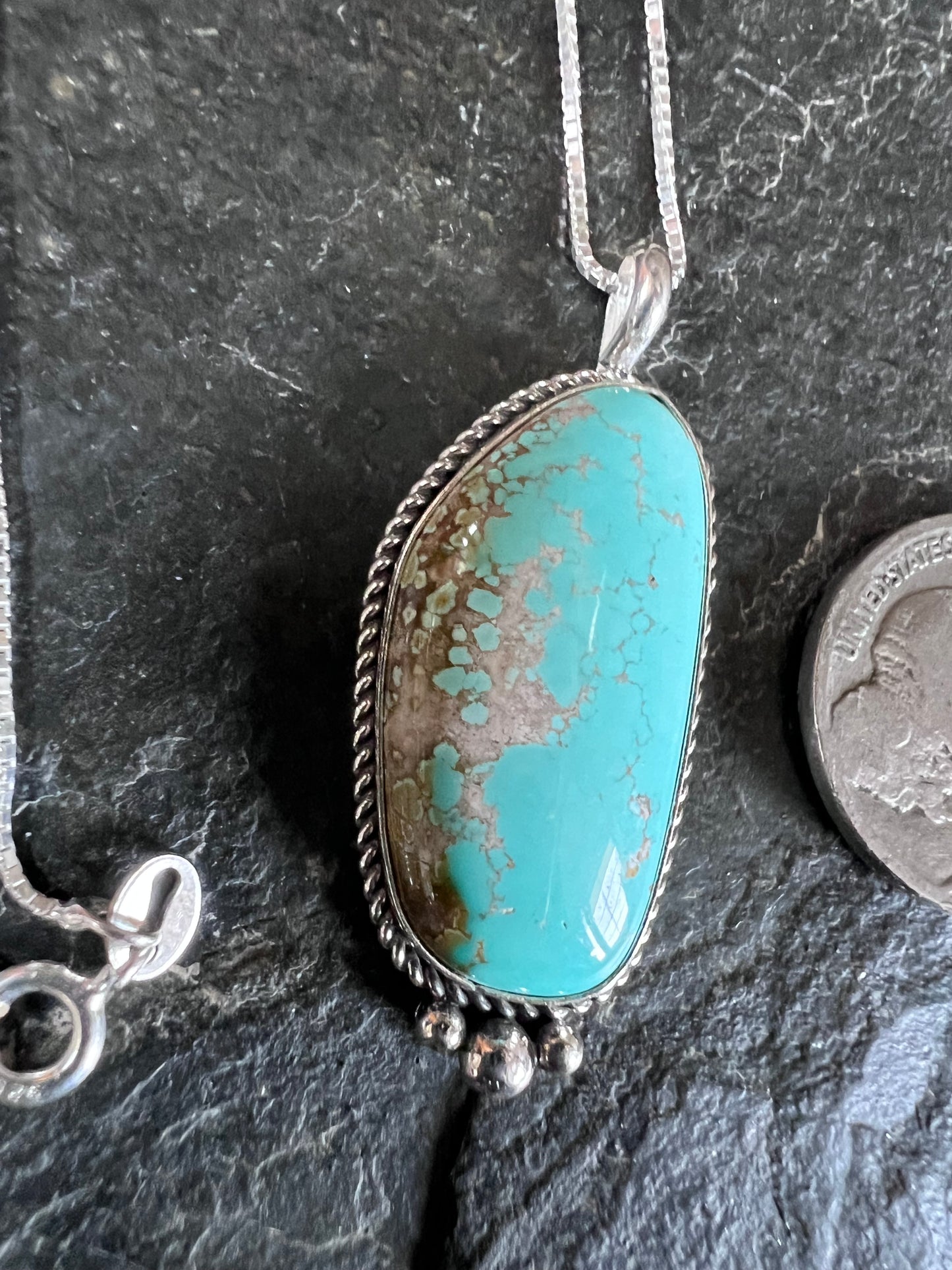 Native American Handmade Sterling & Carico Lake Turquoise Pendant(1.6β x.7β)on a Sterling Box Chain Necklace 16β