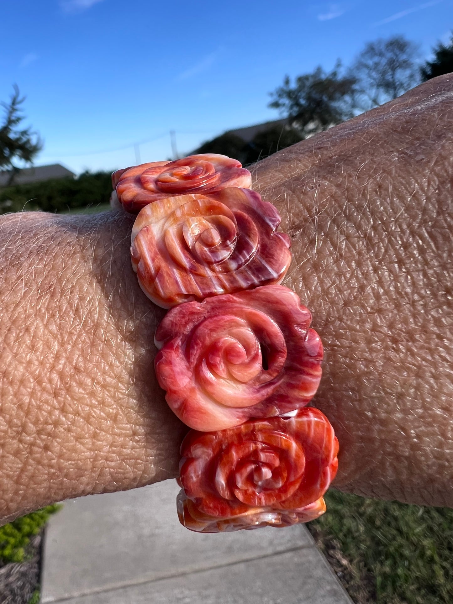 Orange Spiny Oyster Carved Rose Stretch Bracelet