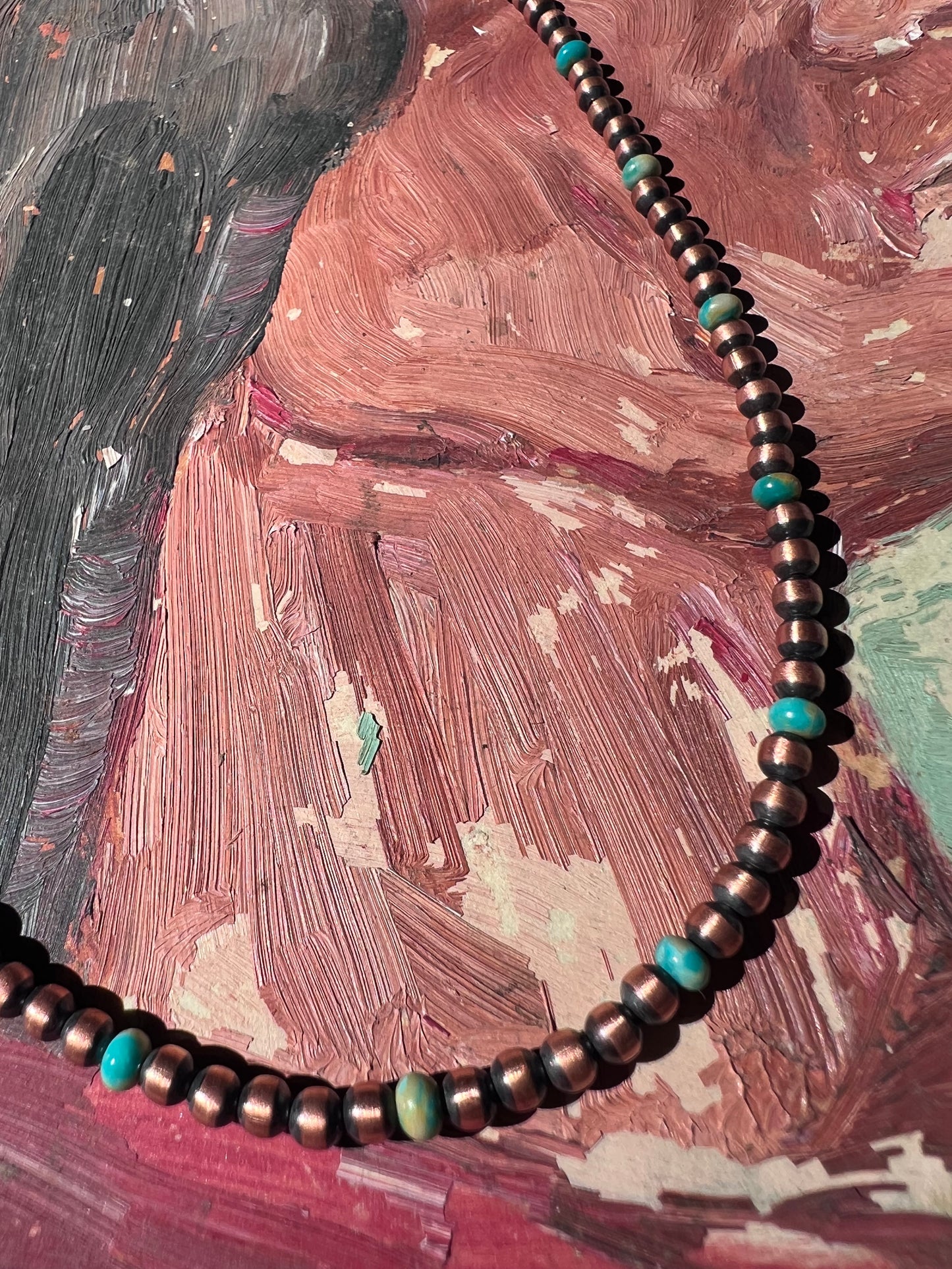 Copper & Tyrone Turquoise 4mm Bead Necklace 14-16”