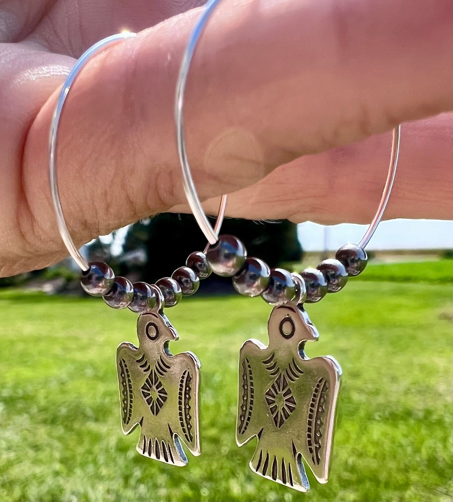 Sterling Silver Thunderbird & 3mm Oxidized Beads Hoop Earrings 1.8”