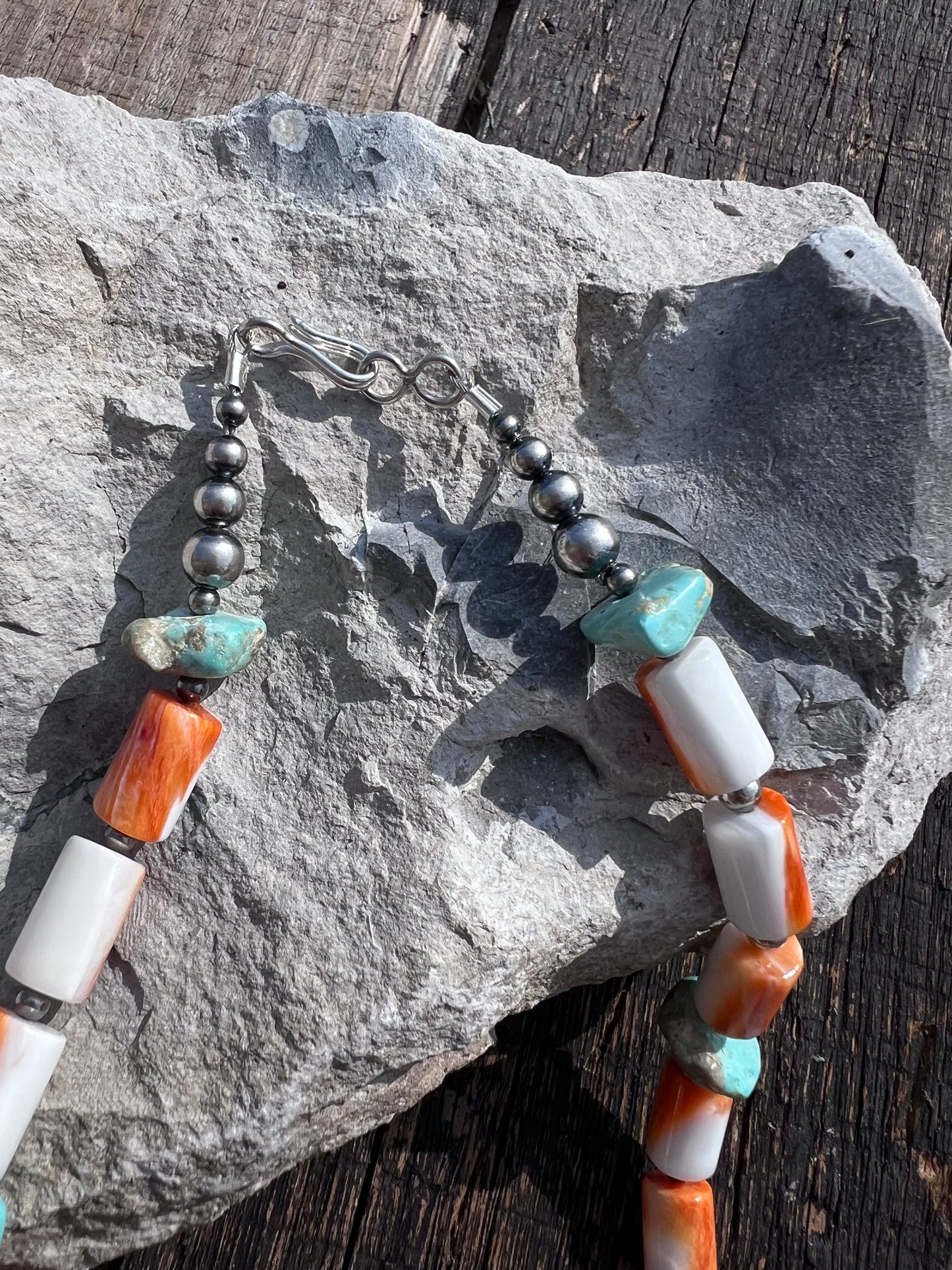 Handmade Barrel Bead Orange Spiney w/Chunky Campitos Turquoise Nugget & Sterling Beads Bracelet 7 3/4” & Necklace 20”