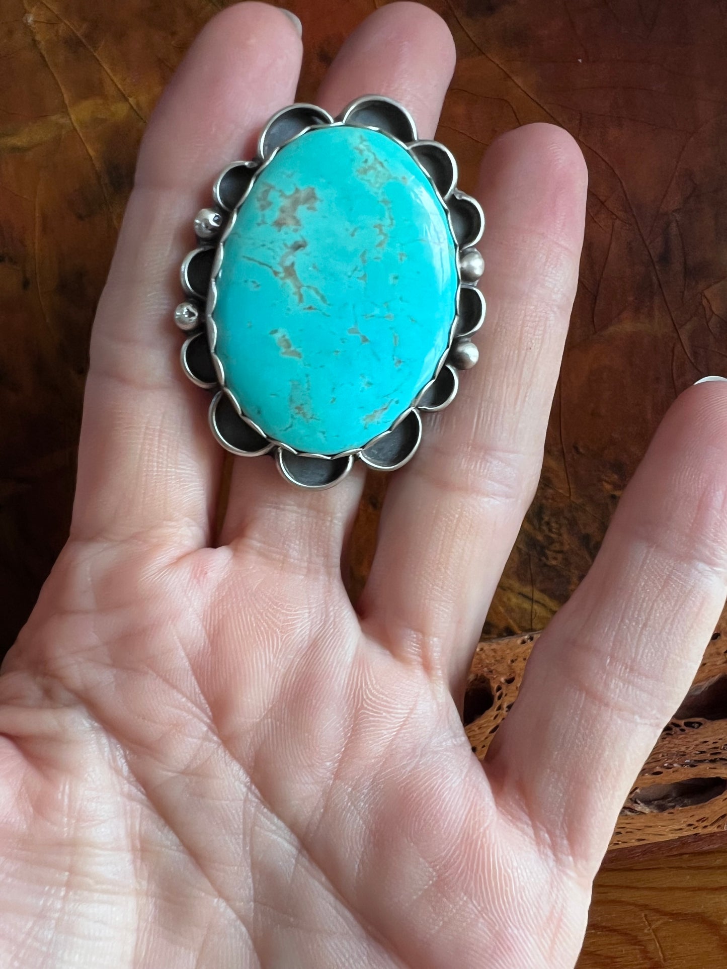 Native American Handmade by Miranda Willie, Sterling & Large Campitos Turquoise Stone Ring Sz 6.5 Adjustable