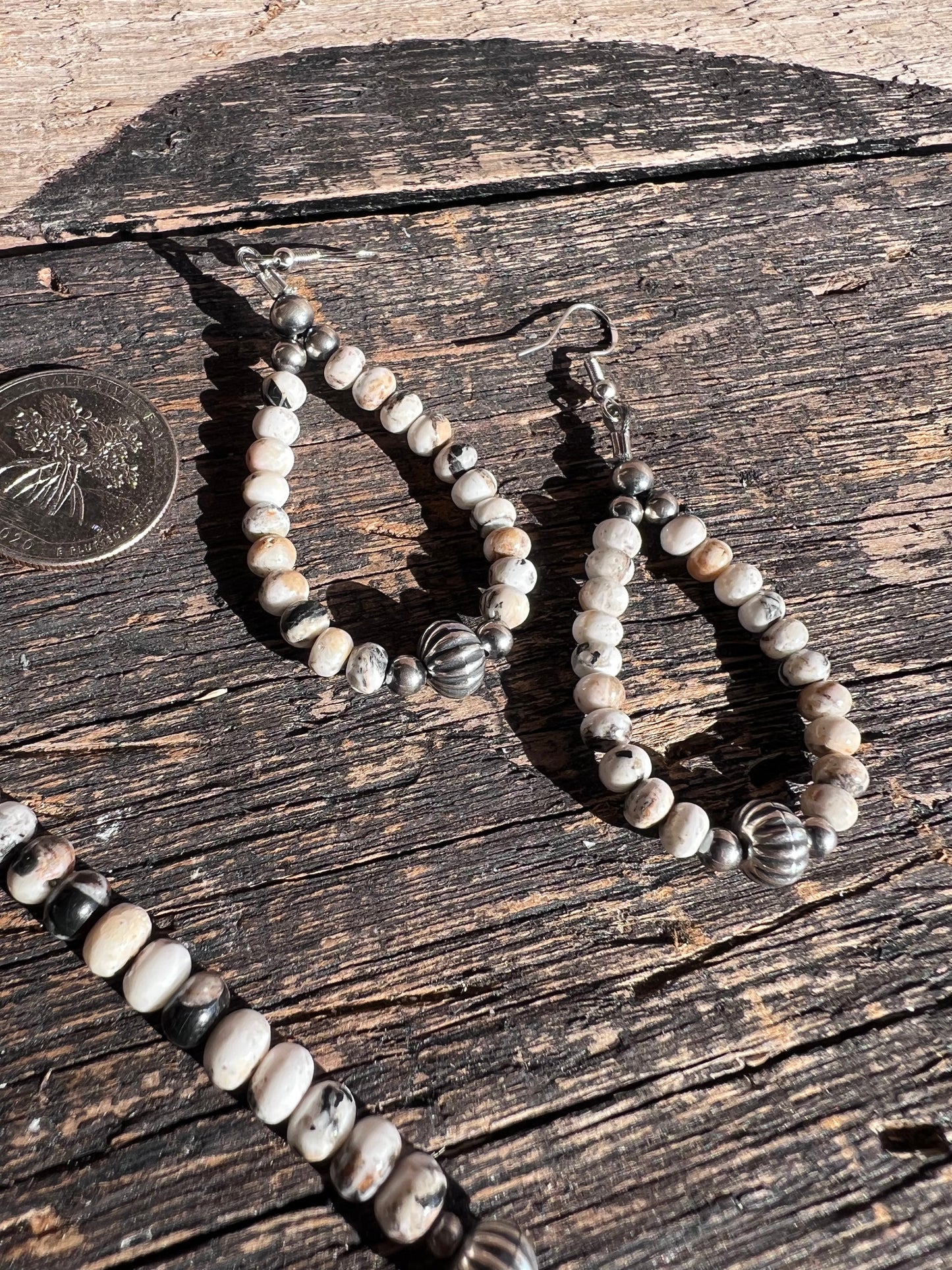White Buffalo 4mm Rondelle  Beads & Sterling Silver 8mm Corrugated Bead Earrings 3β Length