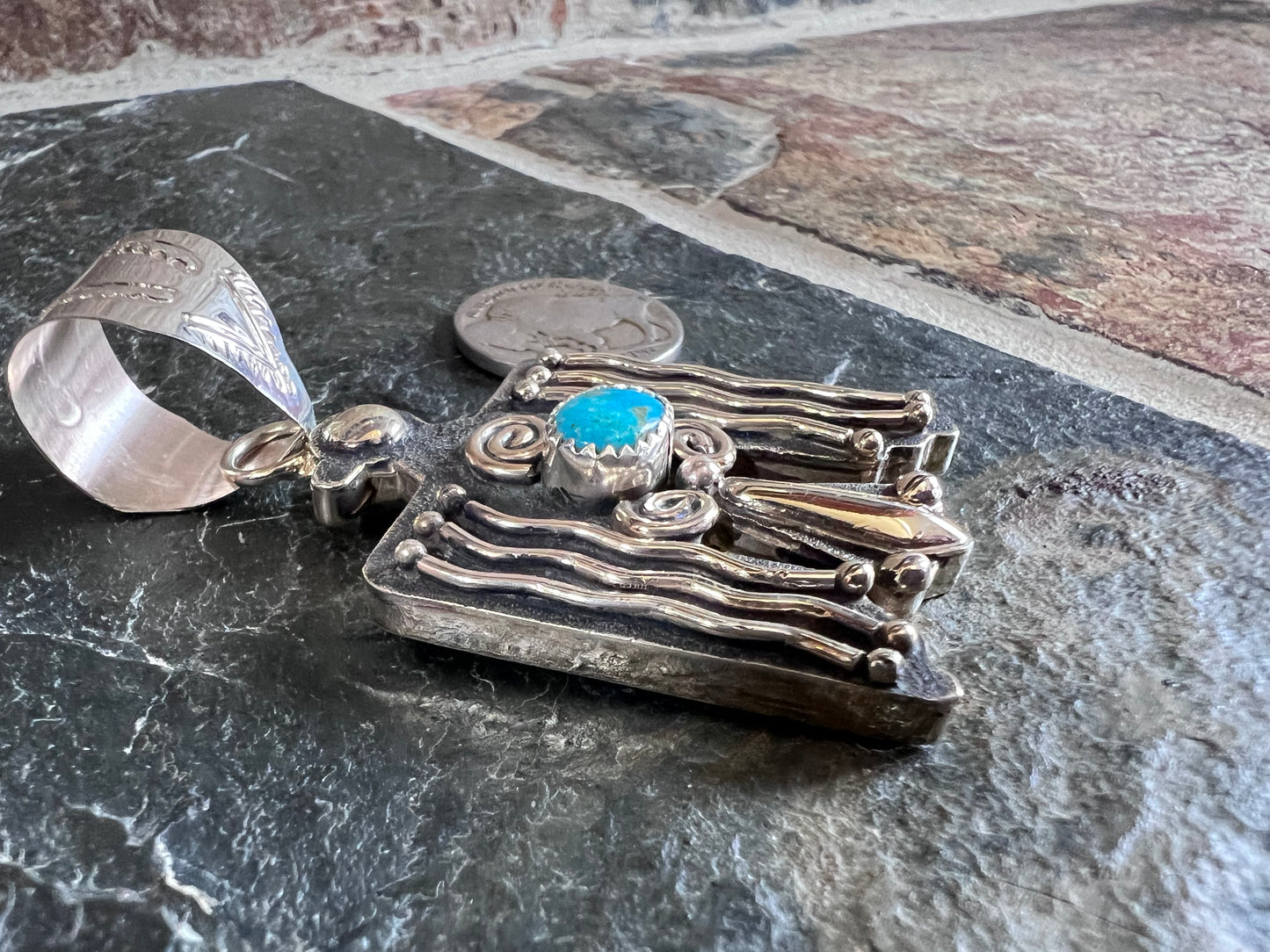 Native American Handmade Sterling Silver 2-tone & Turquoise Thunderbird Pendant 2.75”x 1.25”