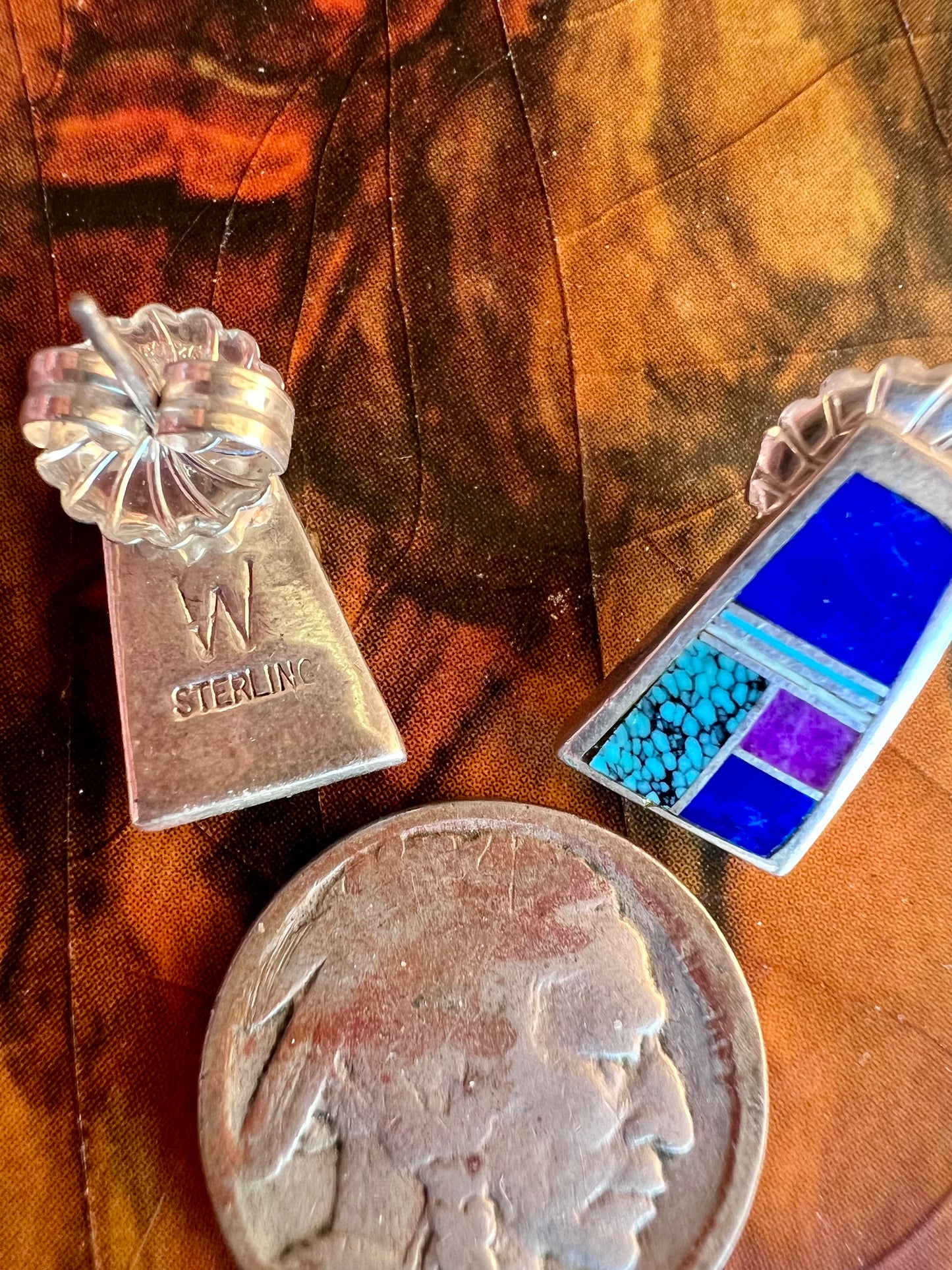 Vintage Native Handmade Lapis, Turquoise, Sugalite & Sterling Inlay Post Earrings 5/8β