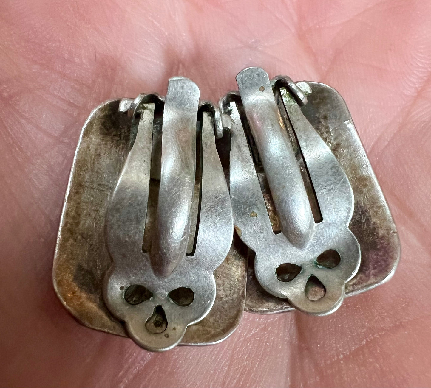 Vintage Native American Handmade Sterling & Turquoise Clip Earrings .8β x .6β