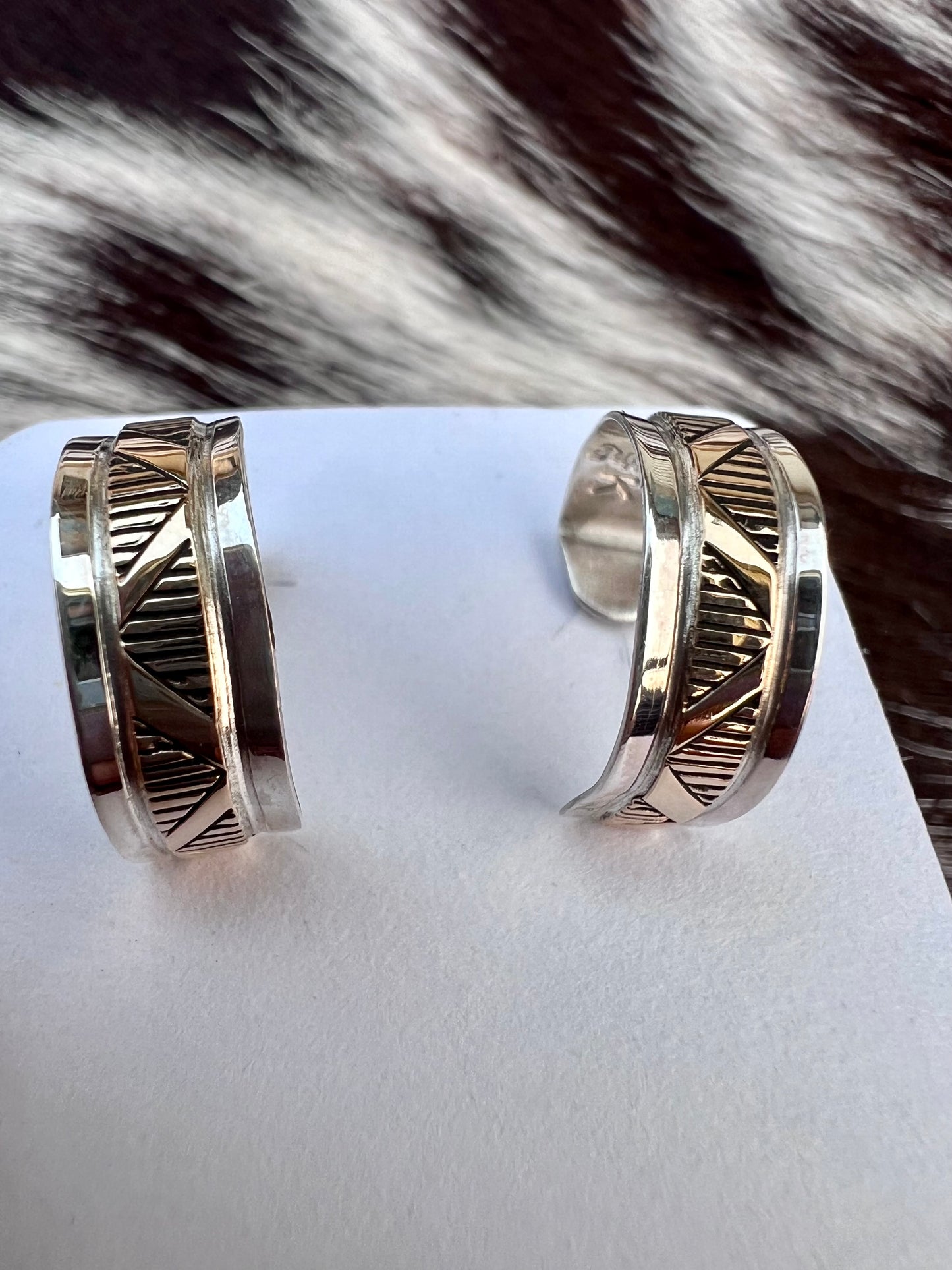Native American Handmade Sterling w/Goldtone Overlay Southwest Design Small Post Hoop Earrings 1/2β
