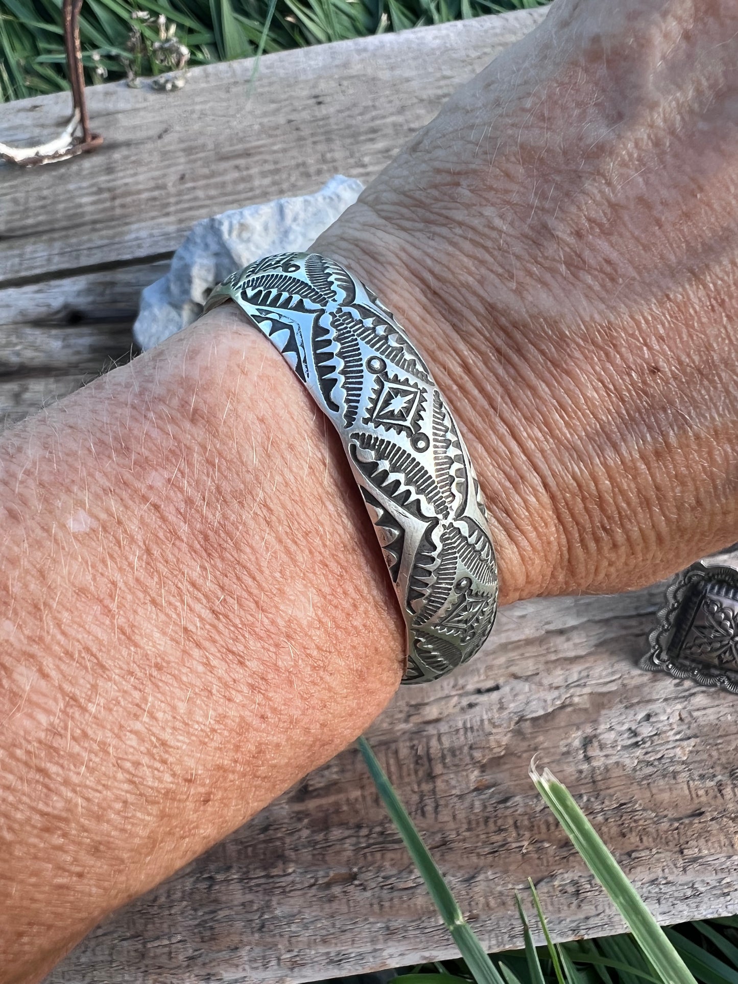 Native American Handmade by Vincent Platero- Sterling Stamped Cuff Sz 7”