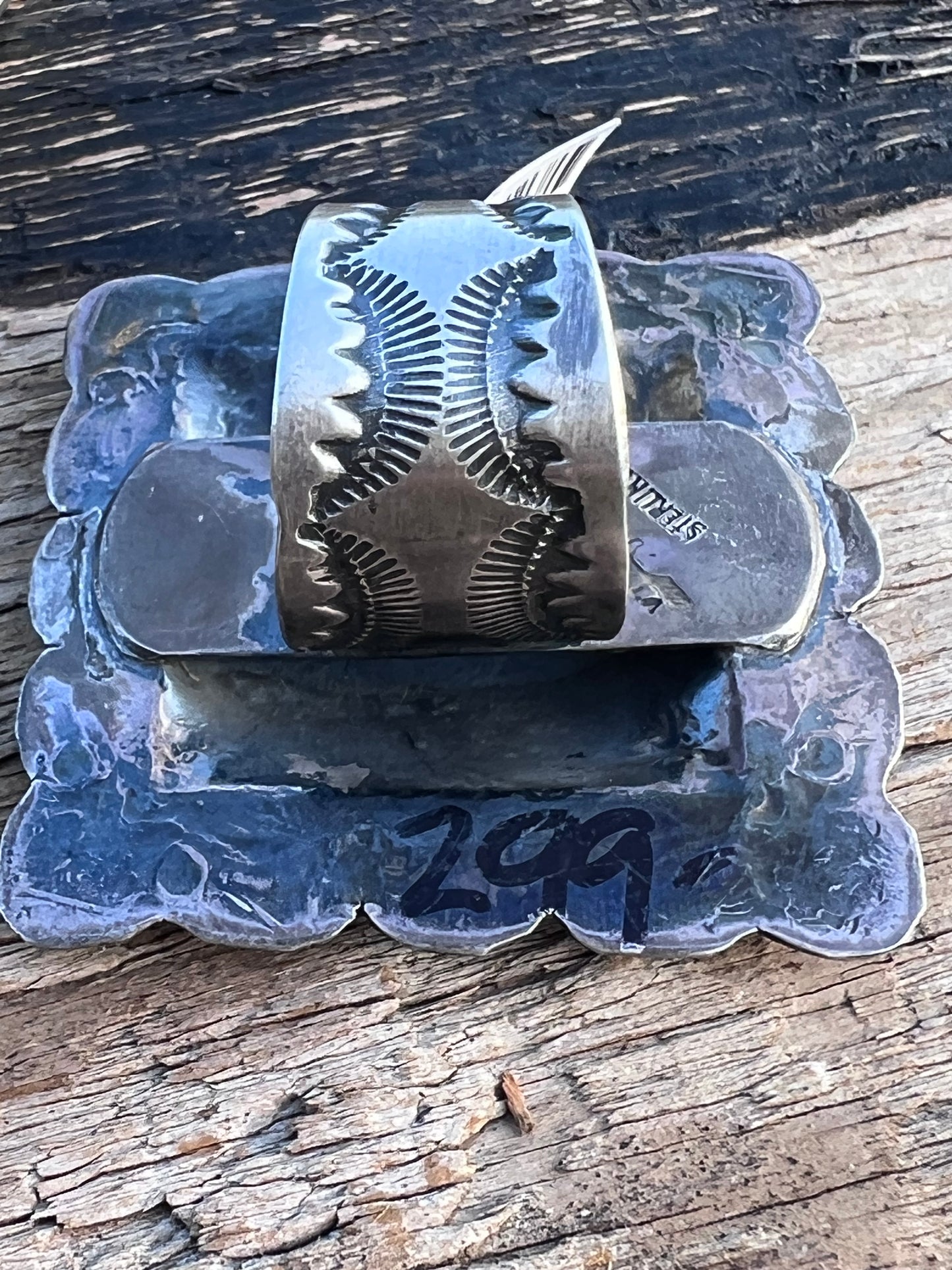 Native American Handmade by Vincent Platero- Large Sterling Stamped Square 1 5/8” Ring Sz 6-9”adjustable