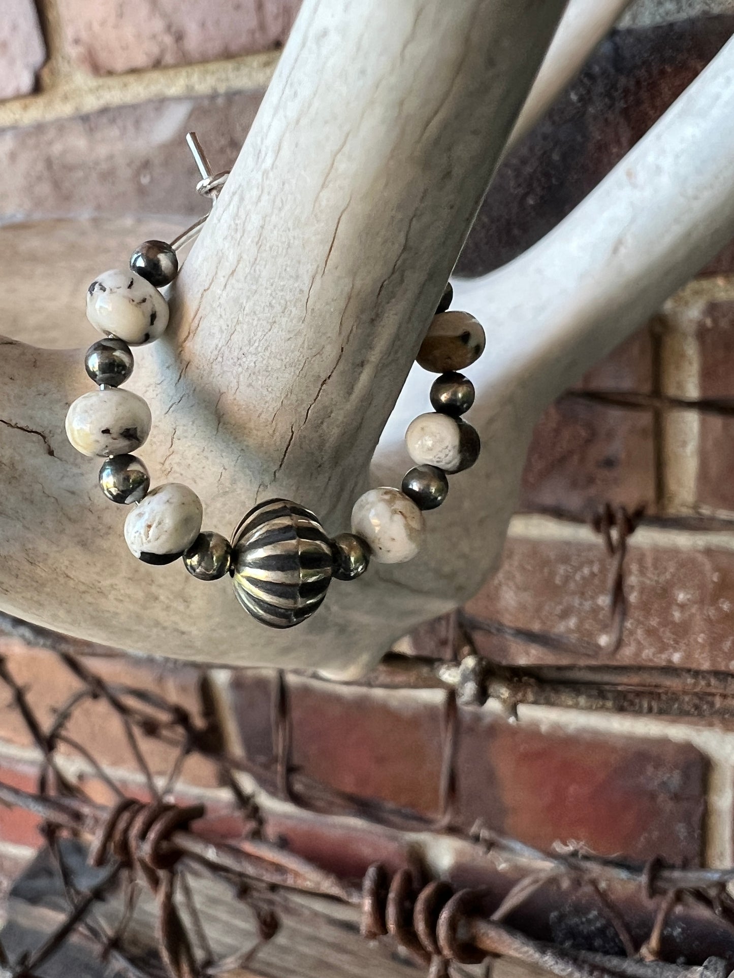 White Buffalo & Sterling Bead Hoop Earrings