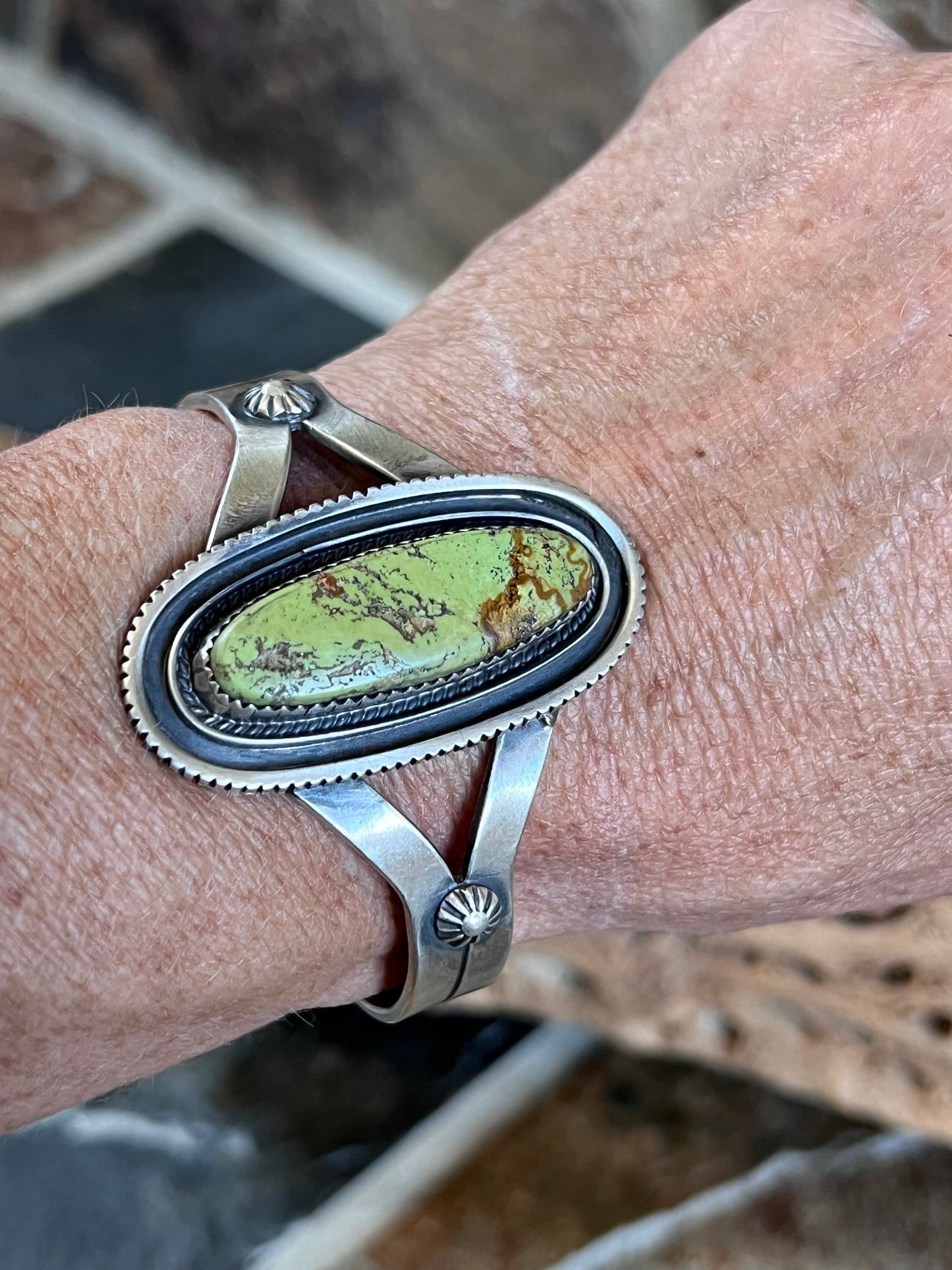 Native Navajo Handmade Gaspeite and Sterling Silver Cuff by Tom Dinetso Sz 6.5