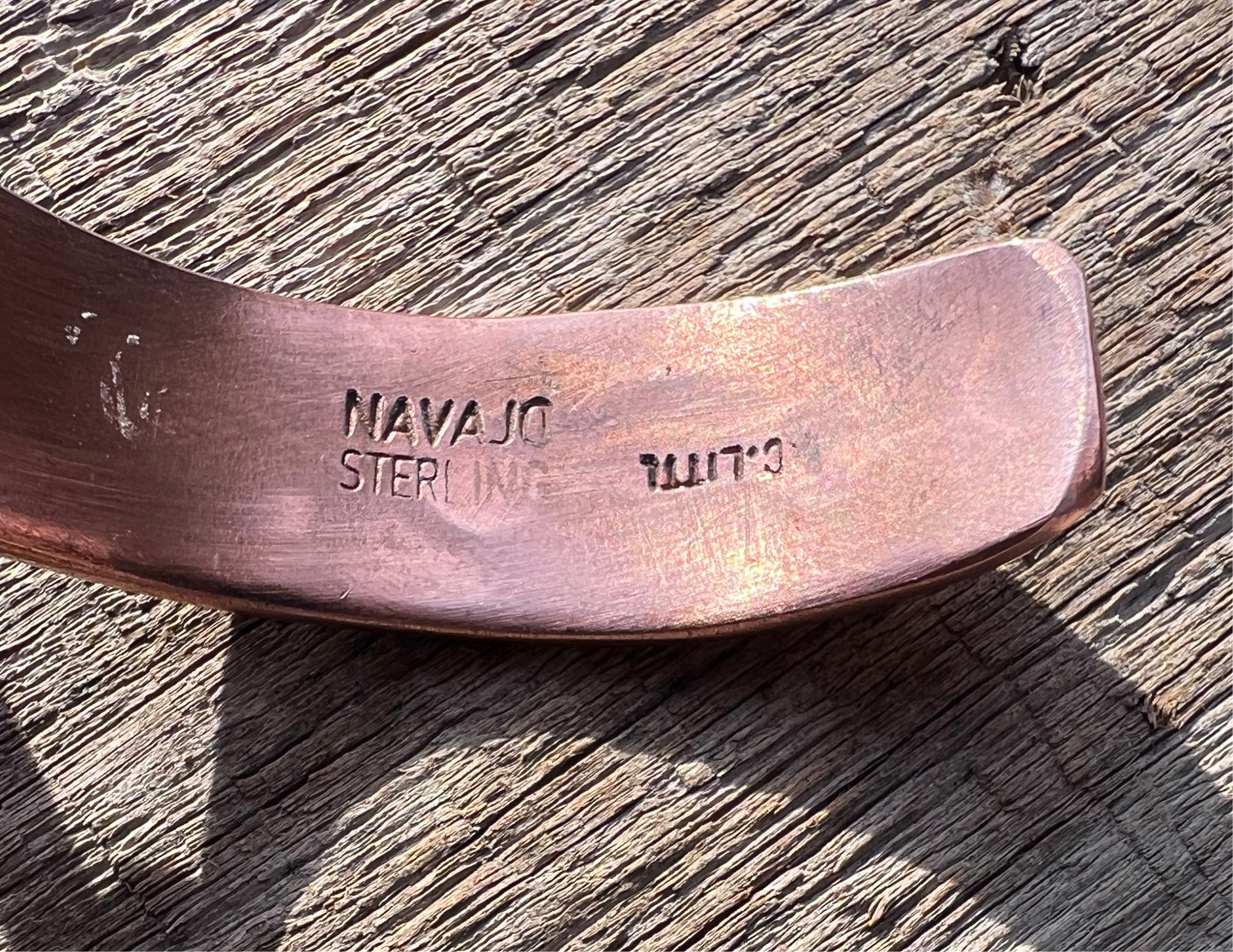 Navajo Handmade by L.C. Littl- Copper & Sterling Stamped Copper Cuff Bracelet Sz 7.25β 1/2 wide