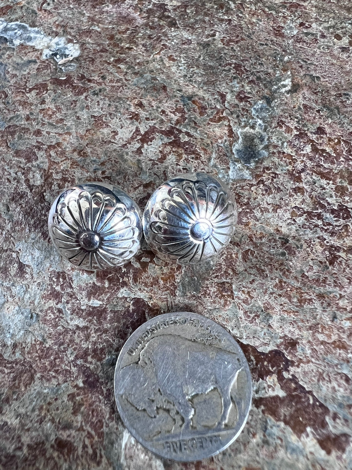 Native American Handmade by Marie Yazzie- Sterling Hollow Dome Concho Post Earrings 3/4β