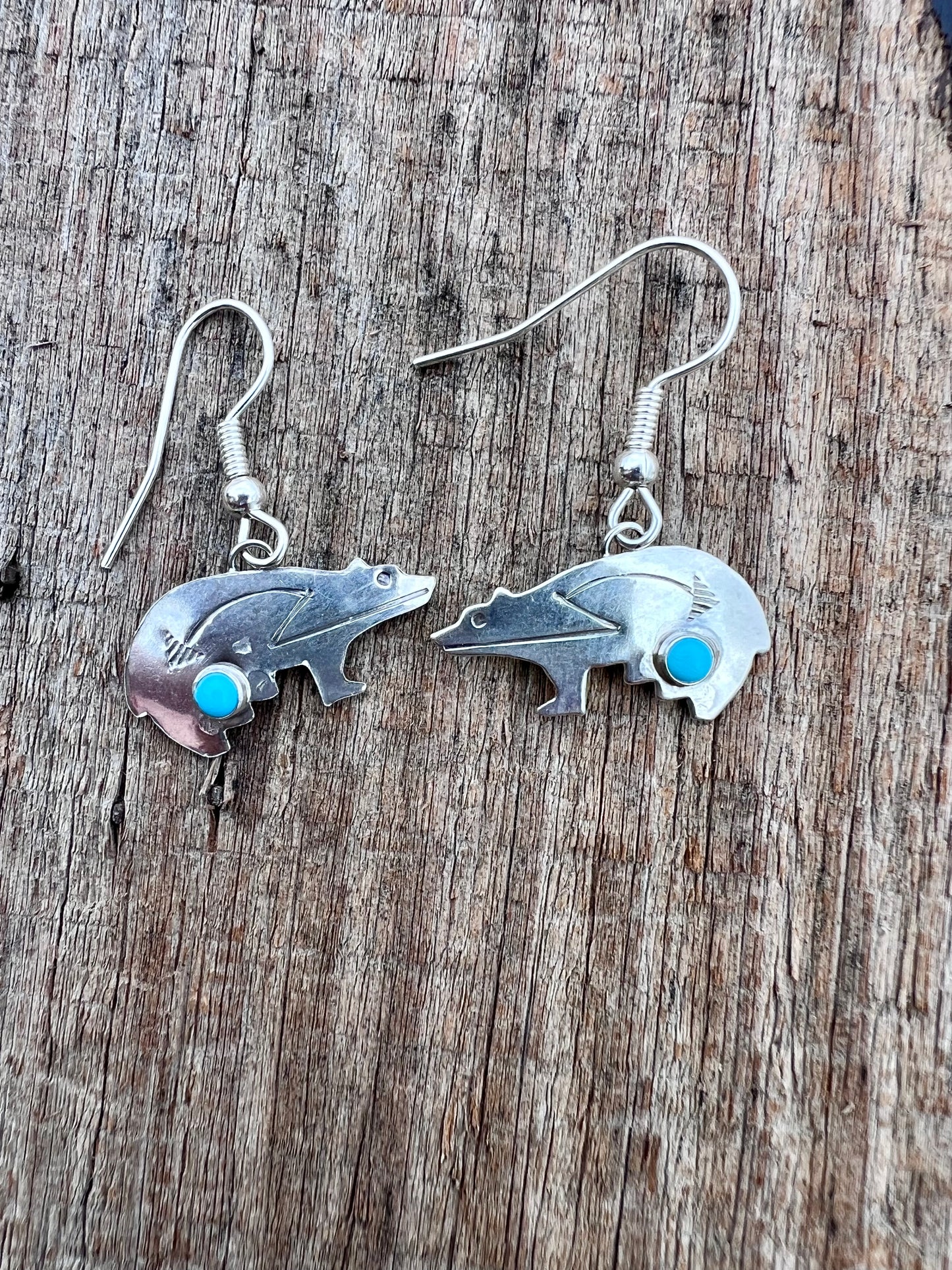 Native Navajo Handmade by Lucille Platero Sterling & Turquoise Bear Dangle Earrings 1.25β