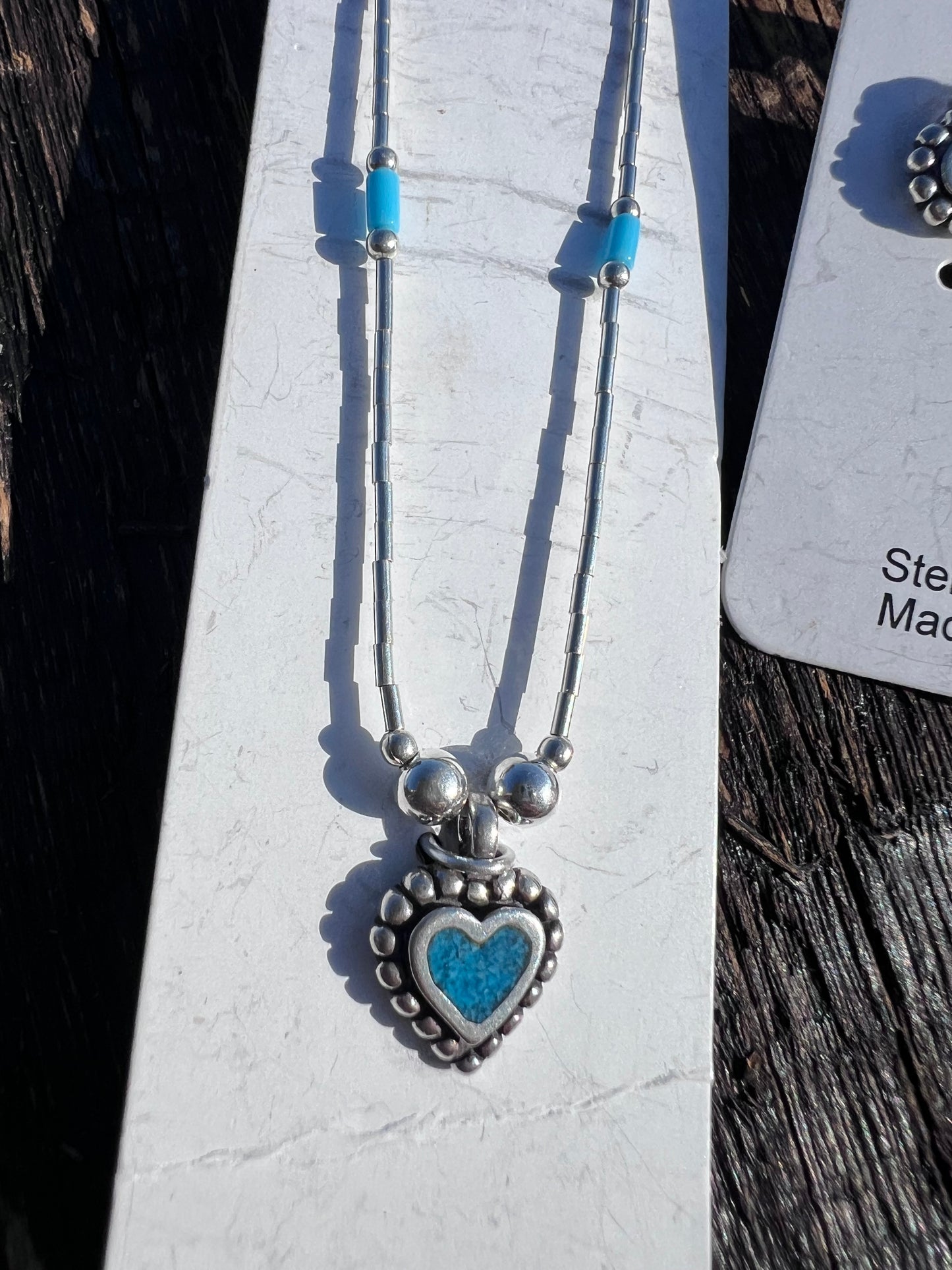 Sterling Liquid Silver & Turquoise Heart Necklace 15.5β & Post Earrings 3/4β