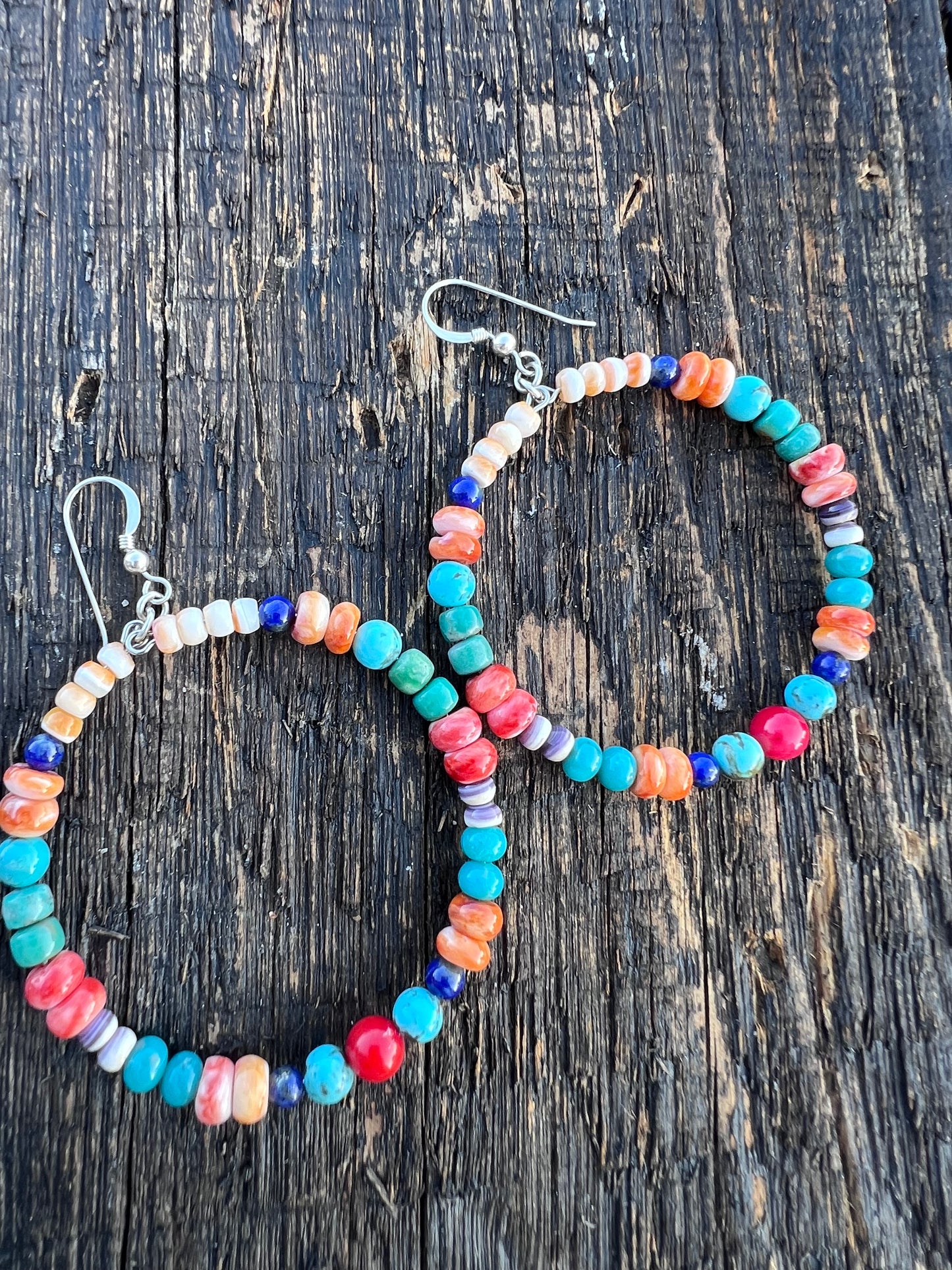 Red/Orange Spiney, Lapis, Red Coral & Turquoise Beaded Hoop Dangle Earrings 3β length