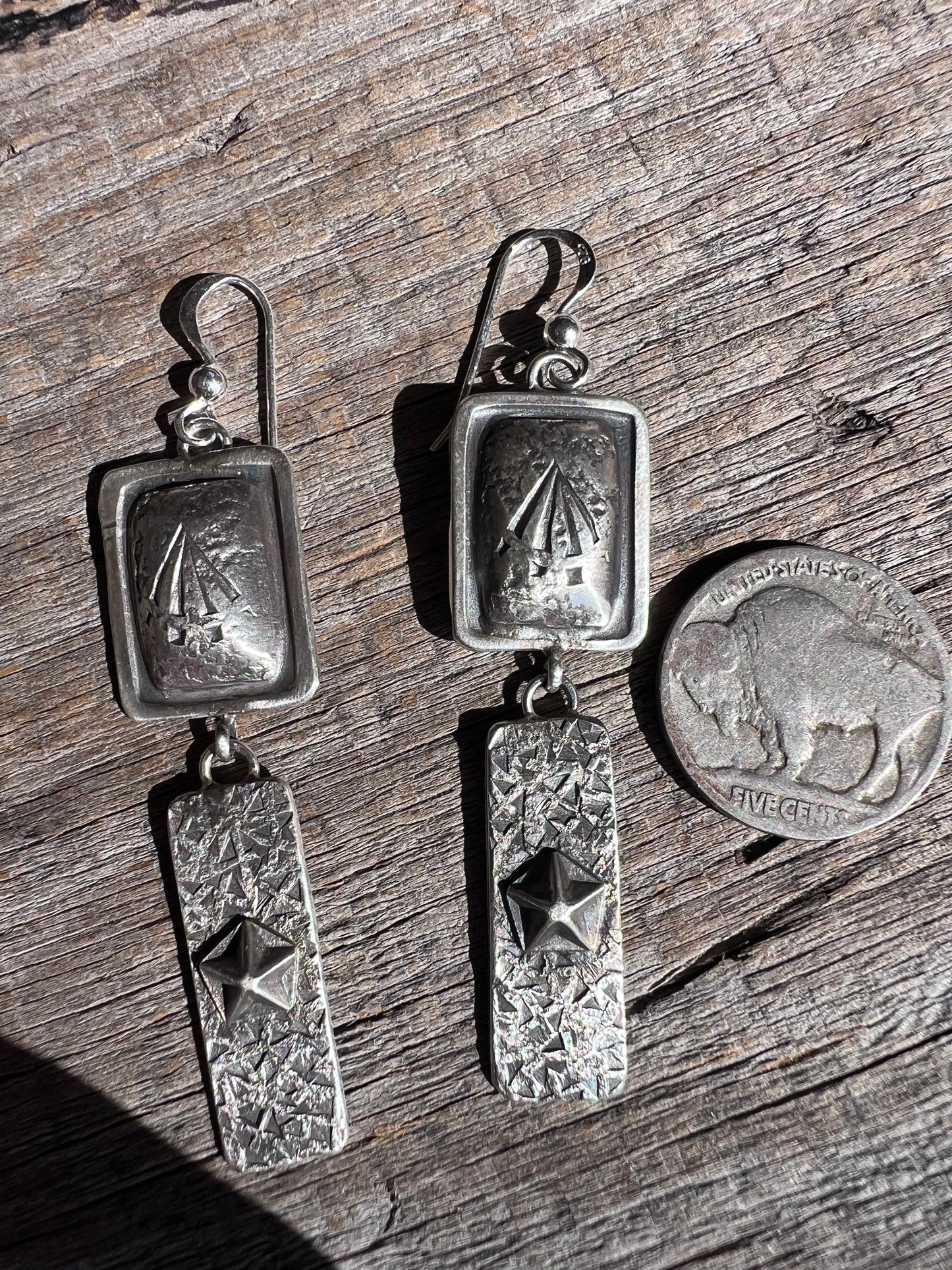 Native American Handmade by Dakota Willie. Sterling Silver Dangle Earrings 2 5/8” long