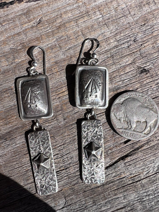 Native American Handmade by Dakota Willie. Sterling Silver Dangle Earrings 2 5/8β long