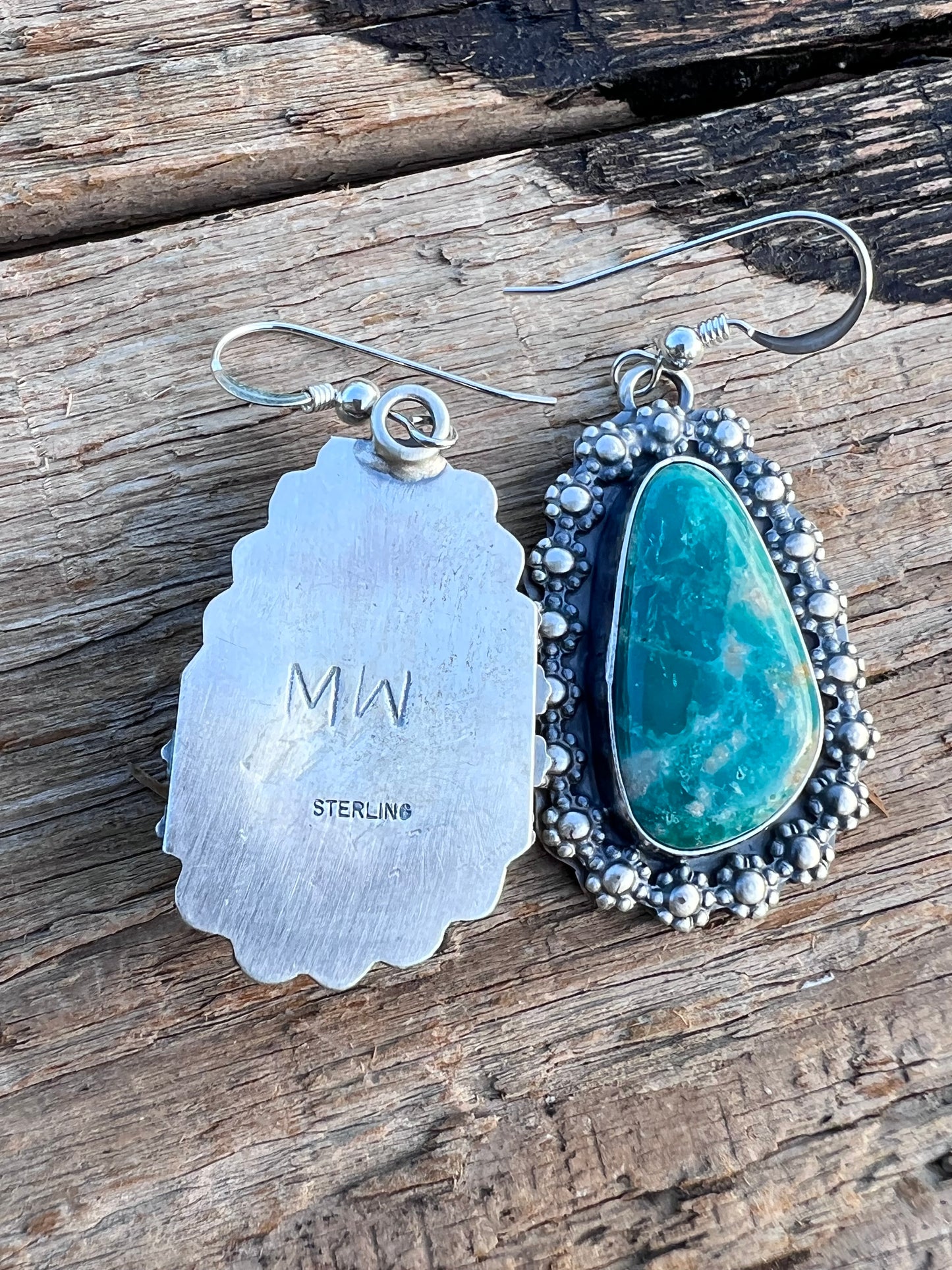 Native American Handmade by Miranda Willie. Sterling & Fox Turquoise Dangle Earrings 2β long