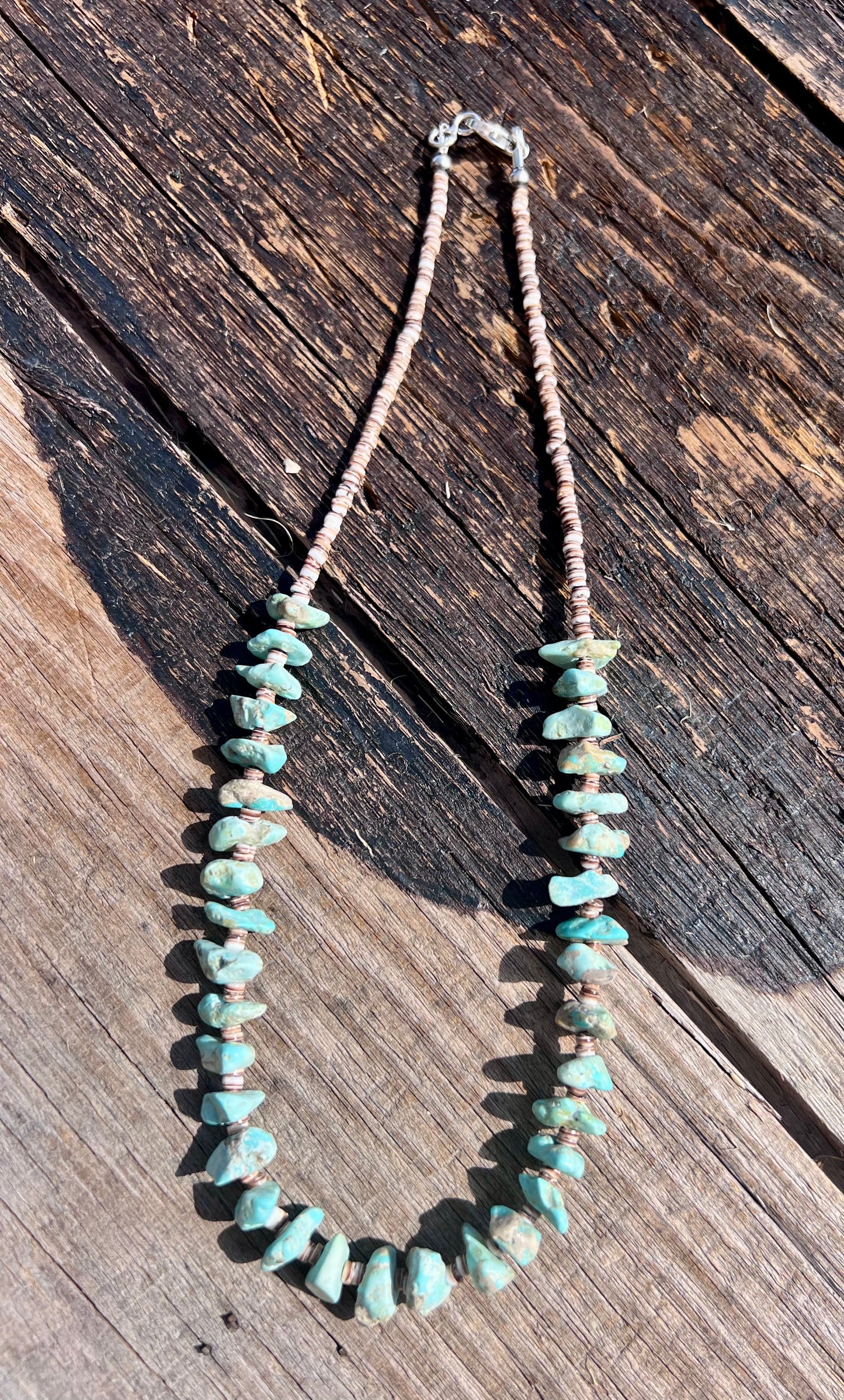 Handmade Chunky Campitos Turquoise Nugget (13mm) & Olive Shell Heishi (3mm) Necklace 18β w/Sterling Clasp & Beads