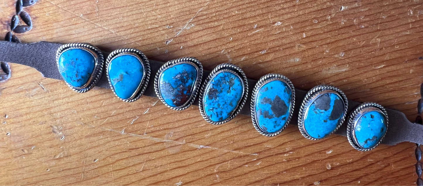 Native American Handmade Sterling, Turquoise on Leather Bracelet Sz 6.5-9”