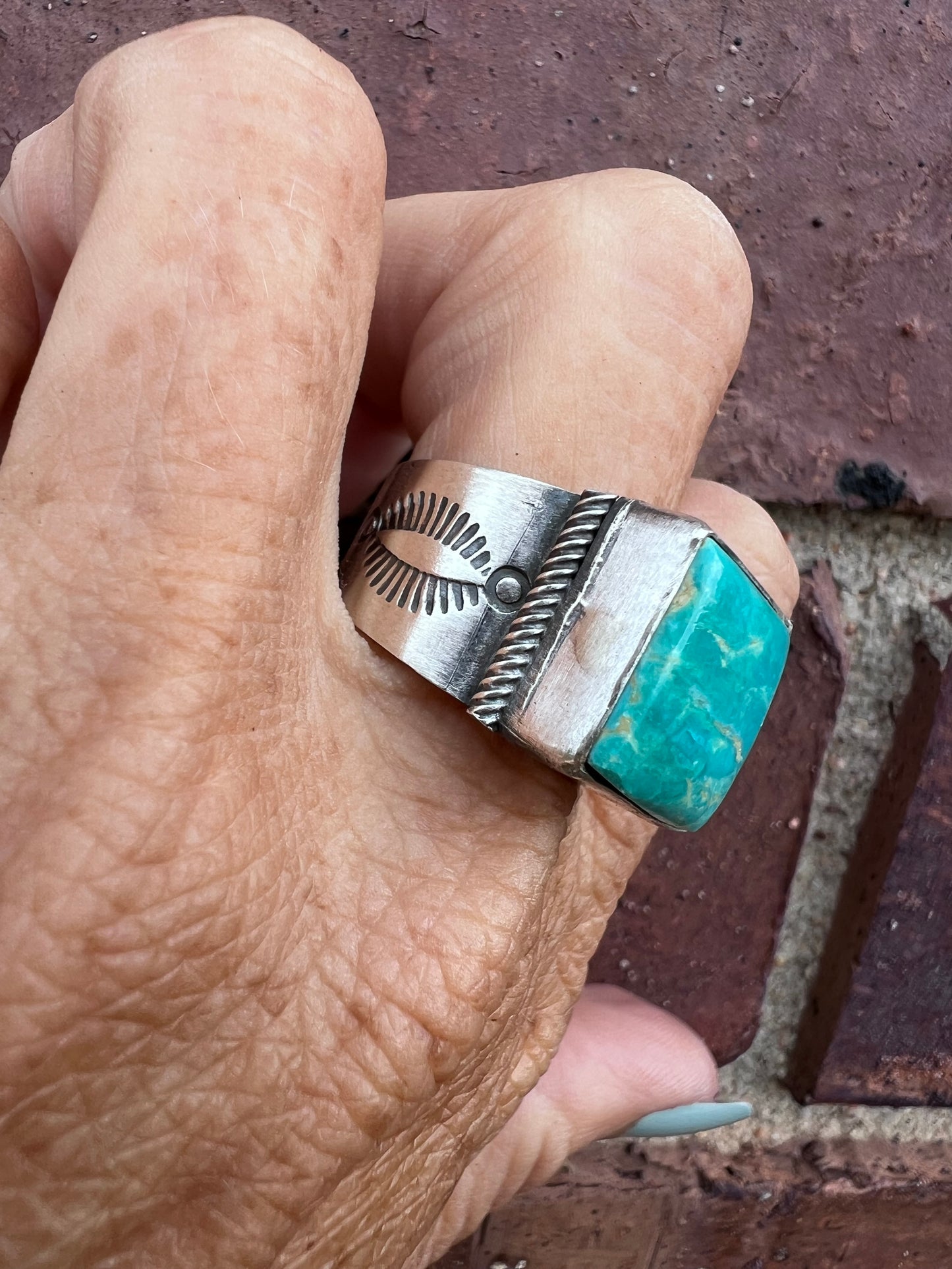 Native American Handmade By Ray Bennett. Sterling & Turquoise Square-stone Ring Sz 8
