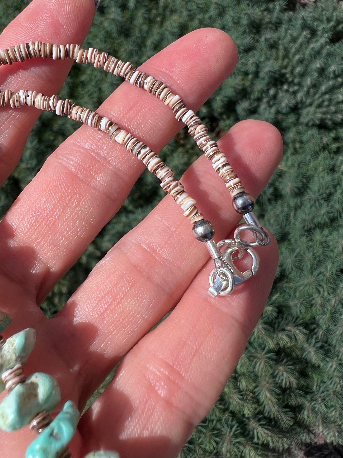 Handmade Chunky Campitos Turquoise Nugget (13mm) & Olive Shell Heishi (3mm) Necklace 18β w/Sterling Clasp & Beads