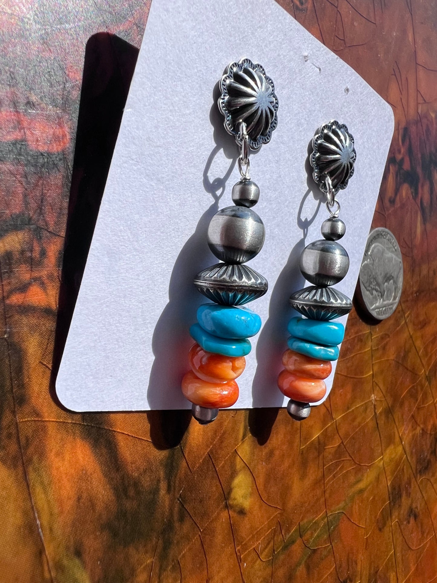 Sterling Silver with Orange Spiny & Kingman Turquoise Post Earrings 2β length