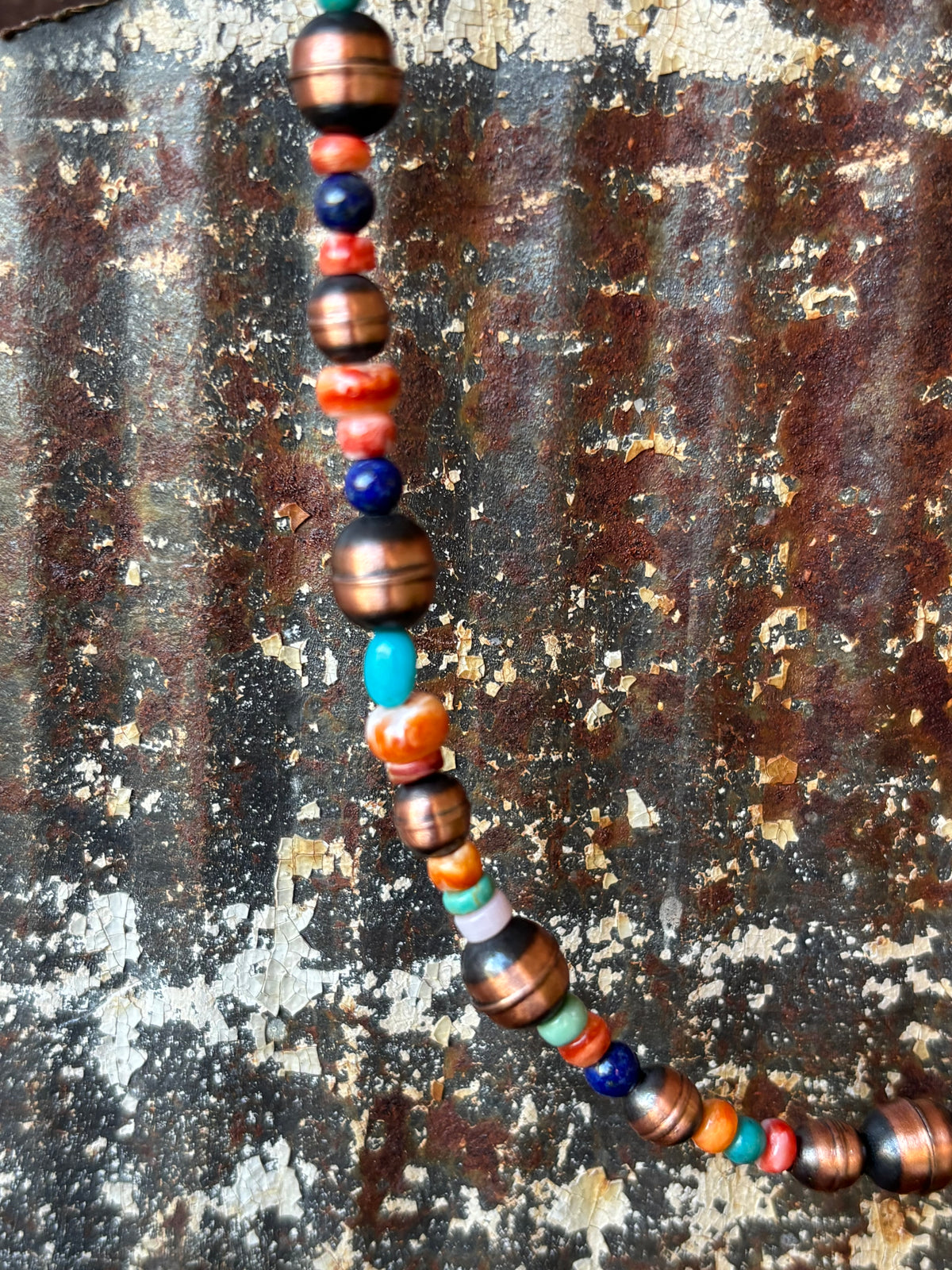 Copper, Turquoise, Lapis, Red Spiny & Orange Spiny Necklace 18-20”