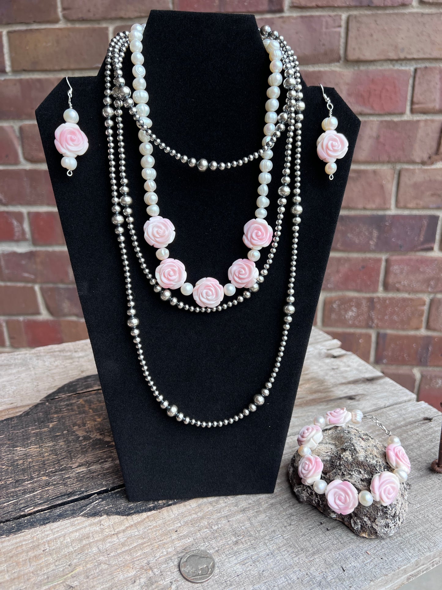 Pink Conch Shell Carved Rose & Natural Freshwater Pearl Necklace, Bracelet & Earrings Set