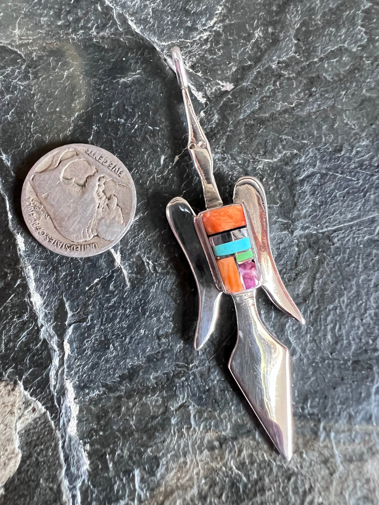Native American Handmade by Joseph Martinez Sterling, Orange, Purple, Gaspeite & Turquoise Inlaid Peyote Bird Pendant