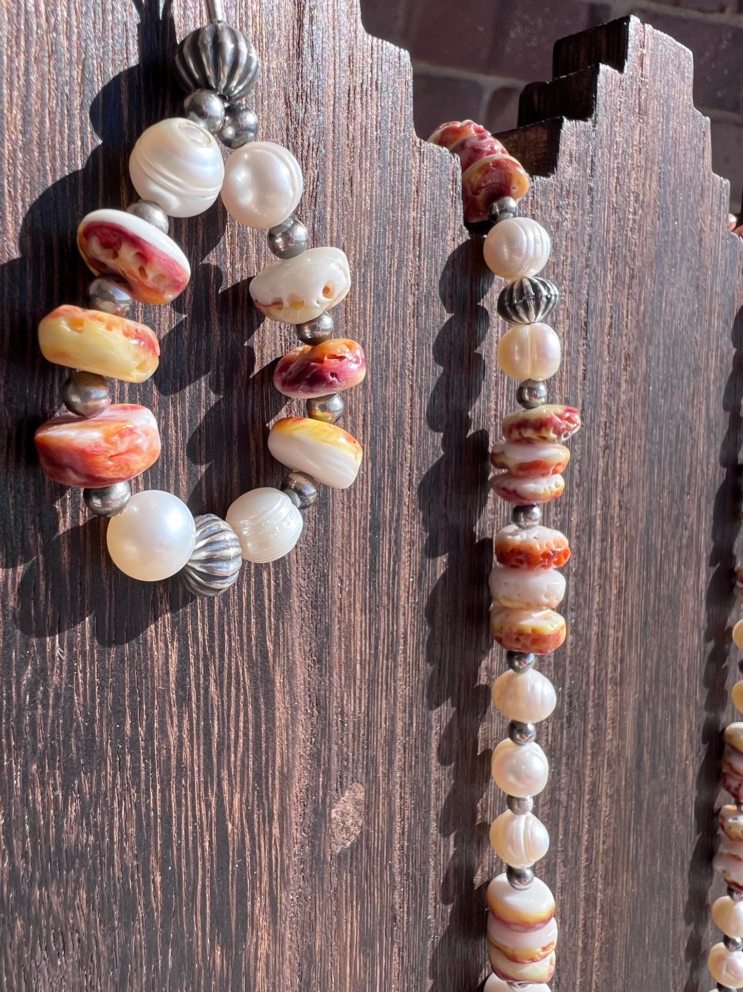 Southwest Handmade Spiny Oyster, Freshwater Pearls & Sterling Silver Necklace, Bracelet & Earrings Set
