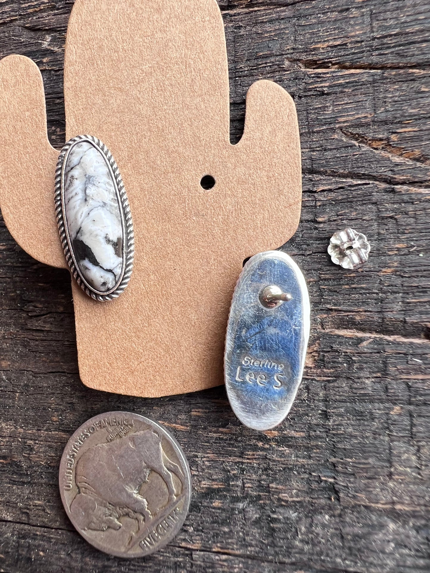 Navajo Handmade Oval White Buffalo Sterling Post Earrings
