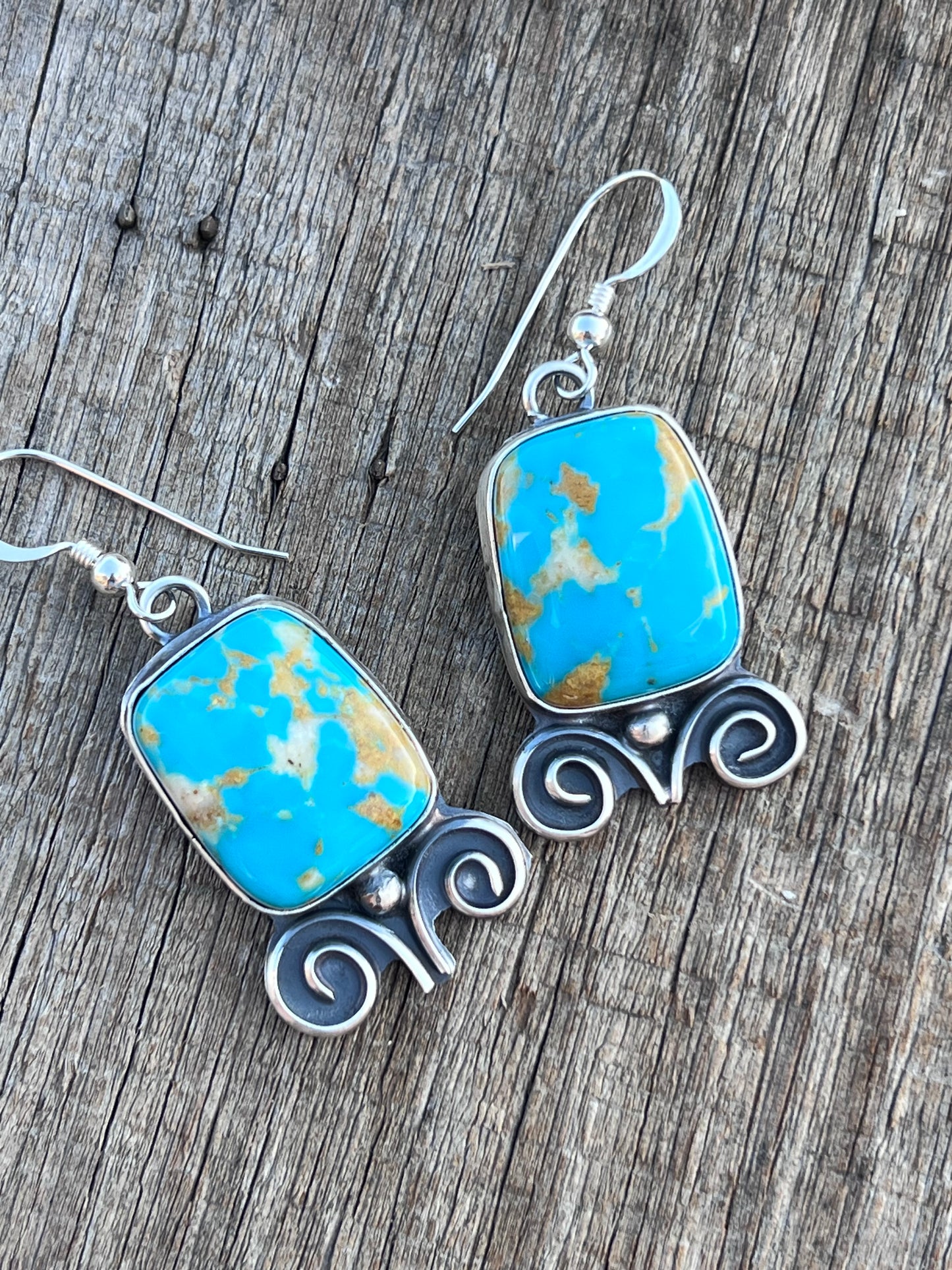 Native American Handmade by Miranda Willie. Sterling & Turquoise Square-shaped Dangle Earrings 1.75β