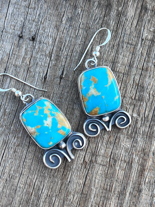 Native American Handmade by Miranda Willie. Sterling & Turquoise Square-shaped Dangle Earrings 1.75β