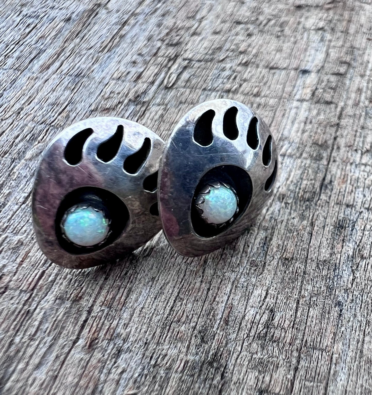 Vintage Native Navajo Handmade Sterling & Opal Bear Paw Post Earrings