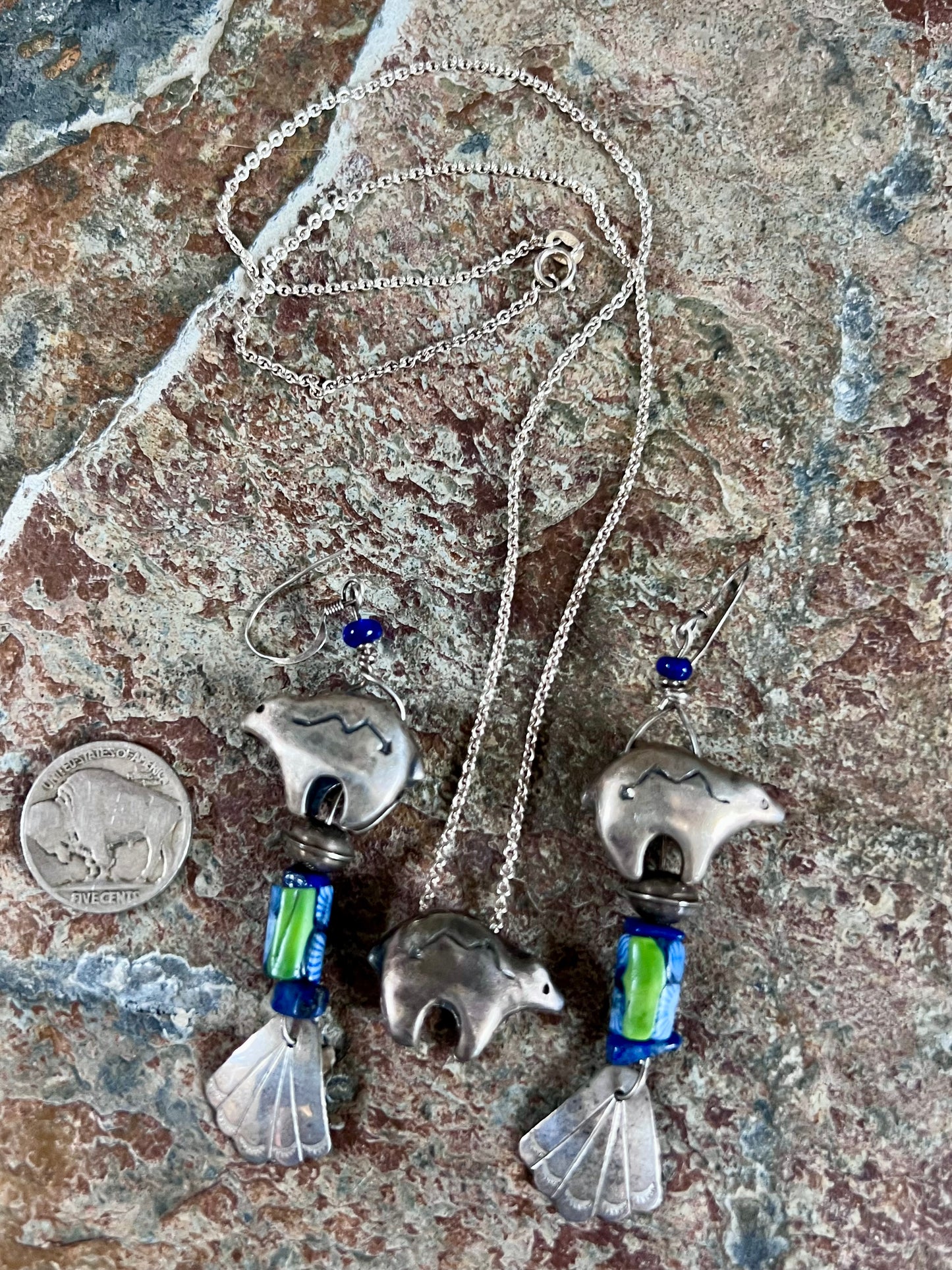 Native American Handmade Sterling, Turquoise, Lapis Bear Necklace 18”- Earrings 3.5” Set