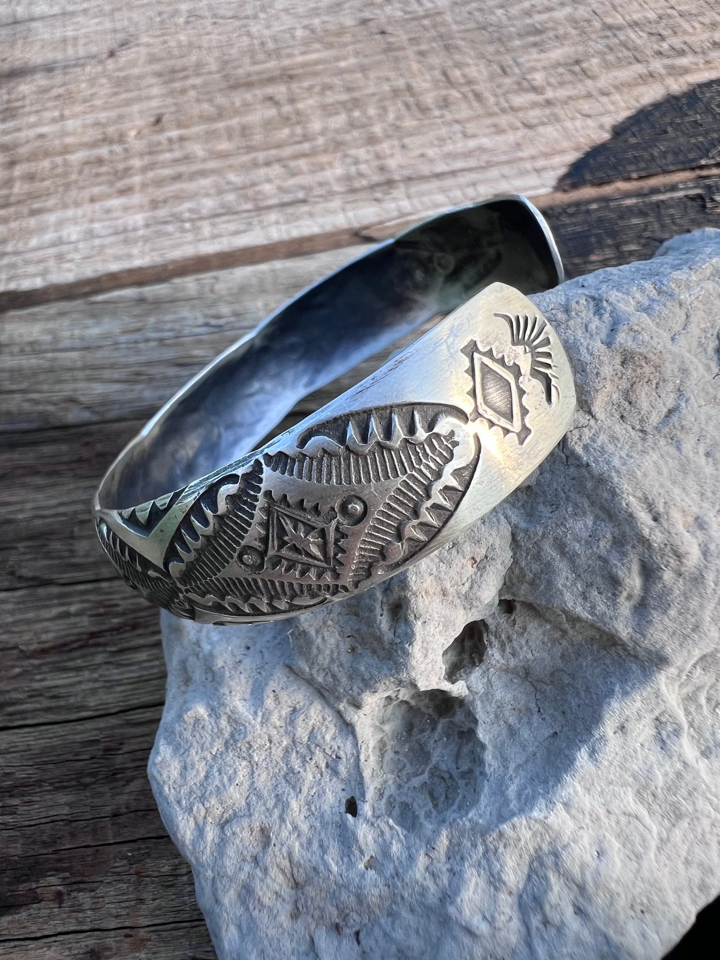 Native American Handmade by Vincent Platero- Sterling Stamped Cuff Sz 7”