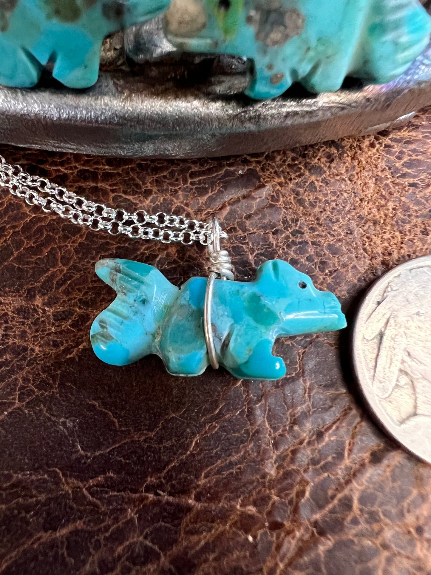 Zuni Handmade Turquoise Fox Fetish Post Earrings, Pendant & NecklaceSet 1βx1/2β