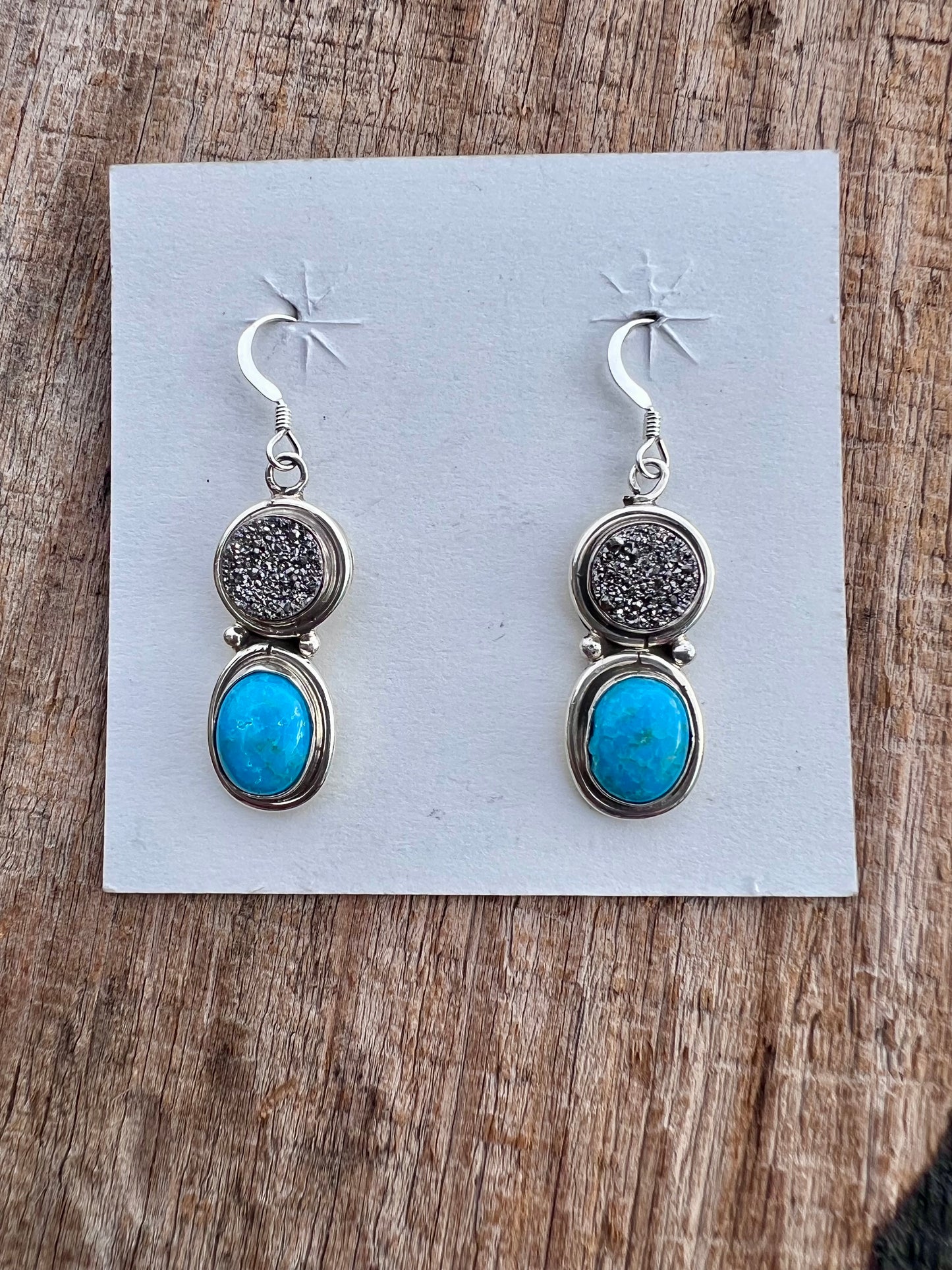 Native Navajo Handmade Sterling, Druzy & Turquoise Dangle Earrings 1 5/8β