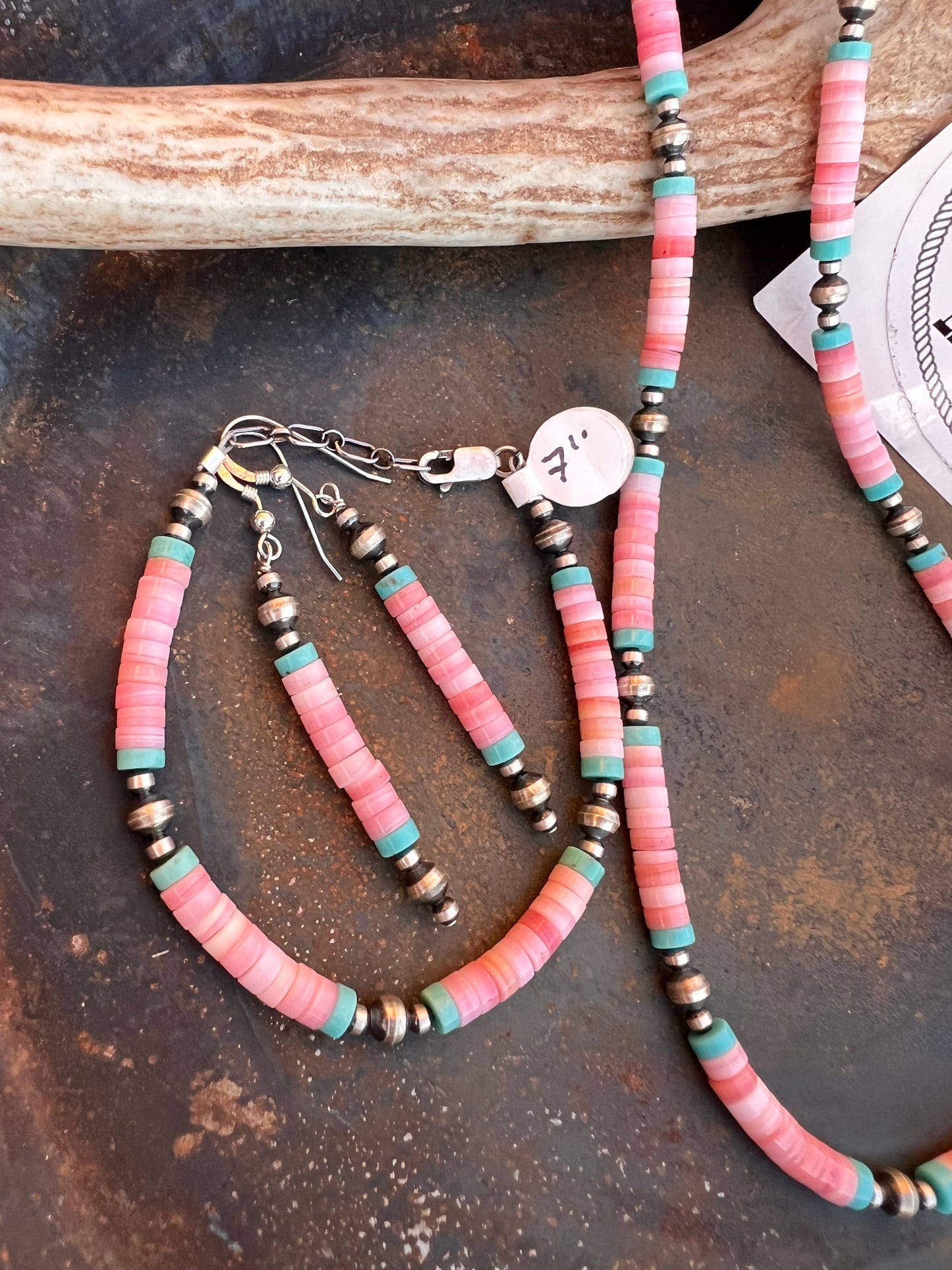 Pink Conch & Turquoise Heishi Bead with Sterling Oxidized Bead Necklace, Bracelet & Earrings SET