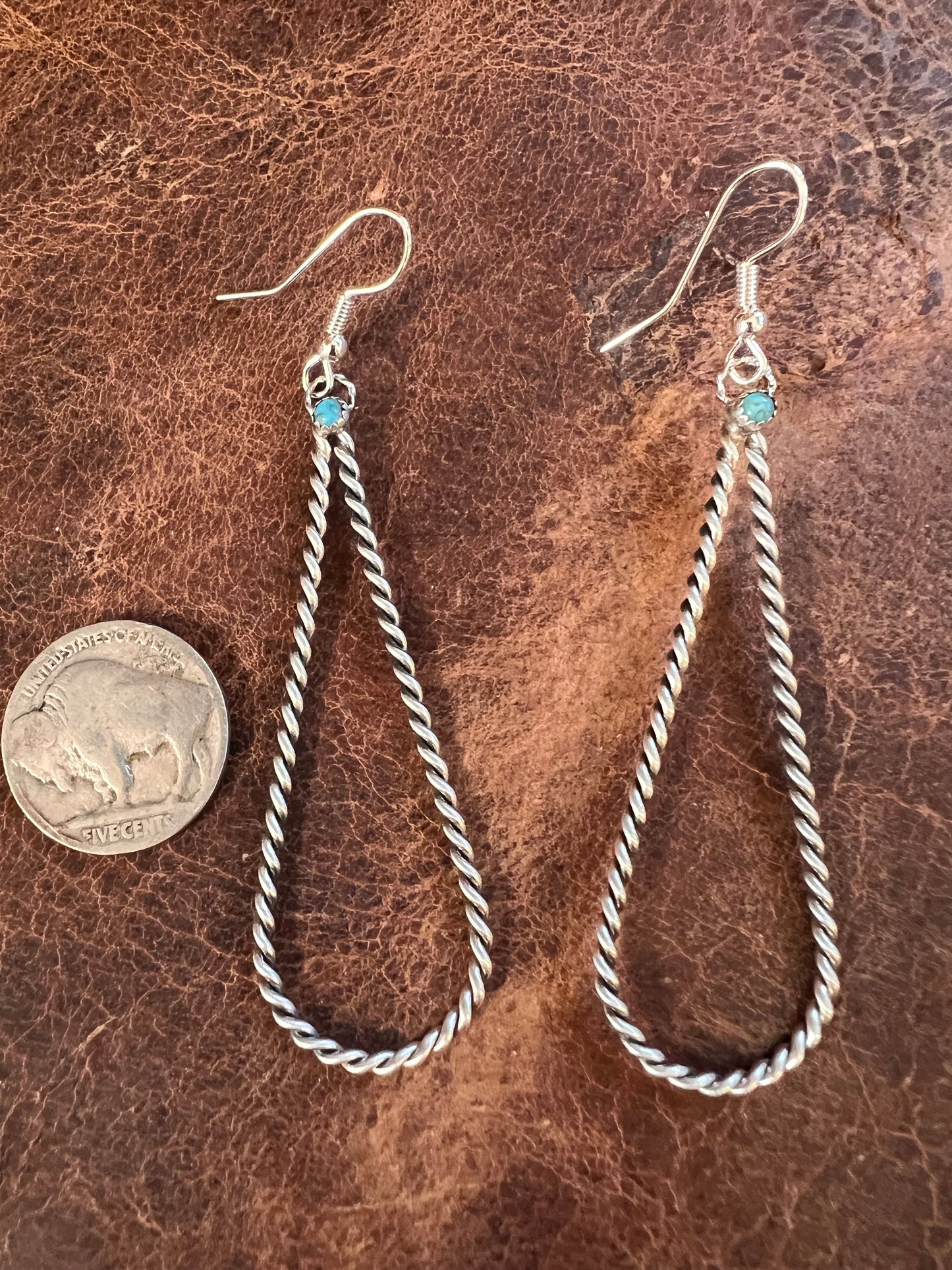 Navajo Handmade Sterling Silver Twisted Wire with Turquoise Dangle Earrings 3β