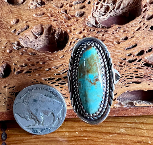 Handmade Sterling & Royston Turquoise Oval Stone Ring, Sz 7.5