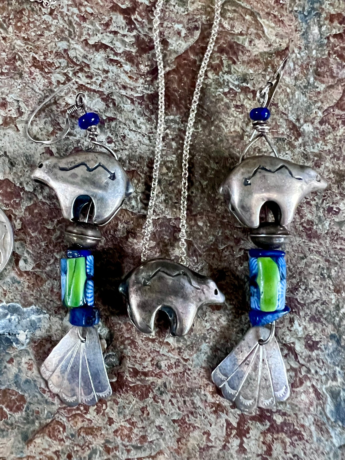 Native American Handmade Sterling, Turquoise, Lapis Bear Necklace 18”- Earrings 3.5” Set