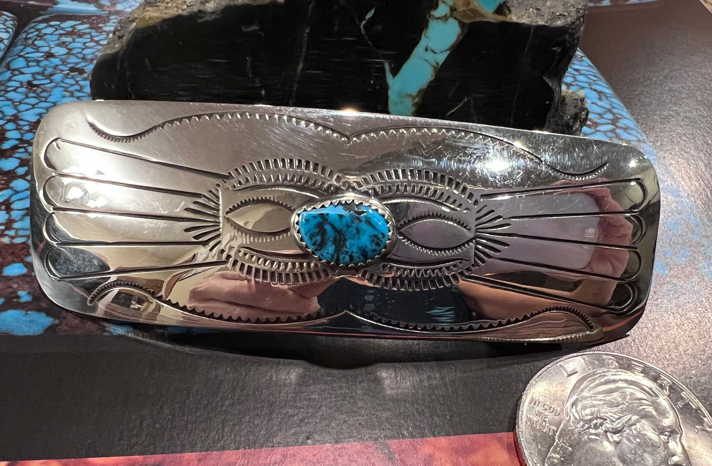 Handmade by Jolene Begay - Sterling & Kingman Turquoise Hair Barrette 3”x1”