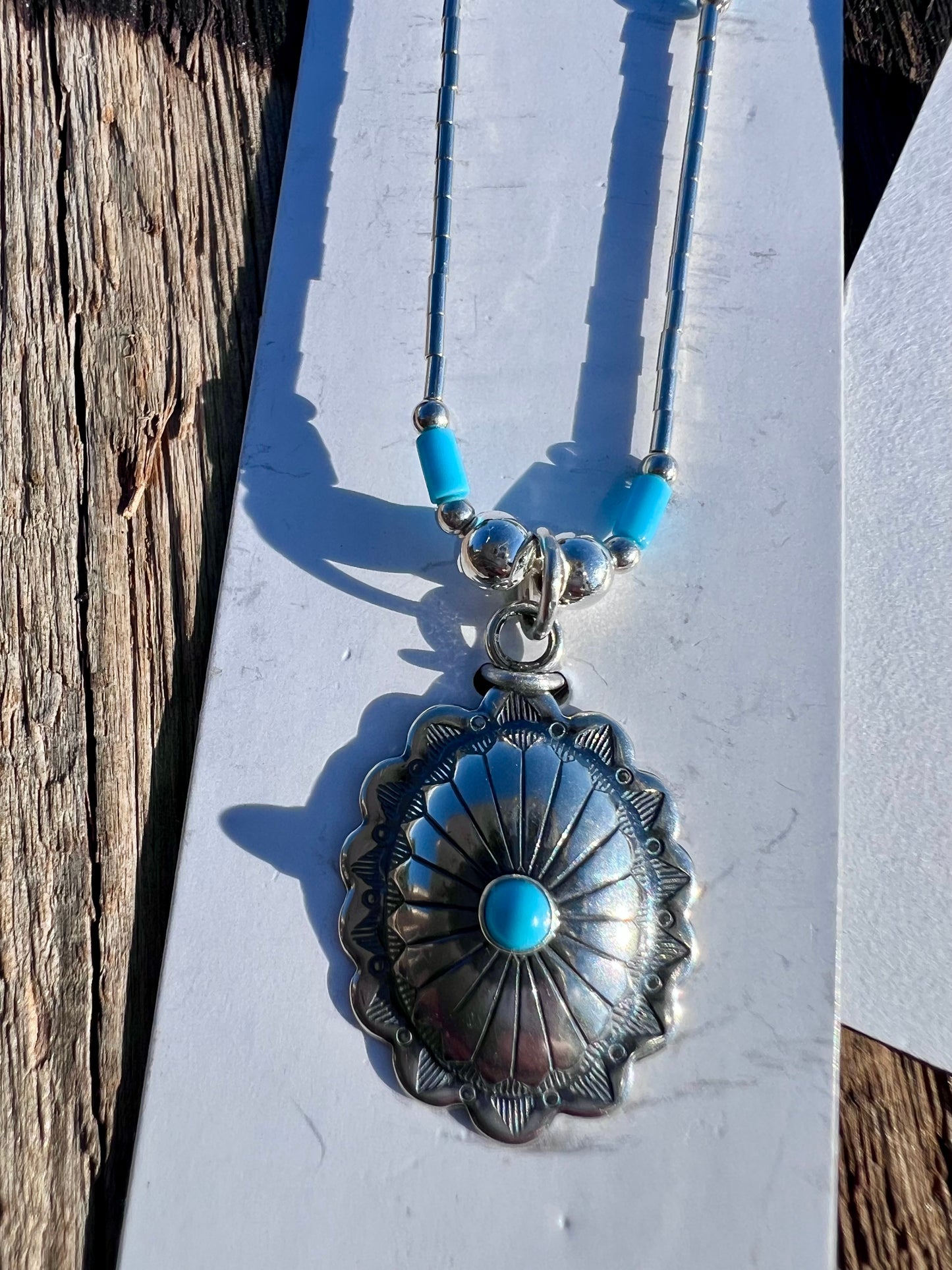 Sterling Liquid Silver Turquoise Concho Necklace 15.5β & Post Earrings 3/4β Set