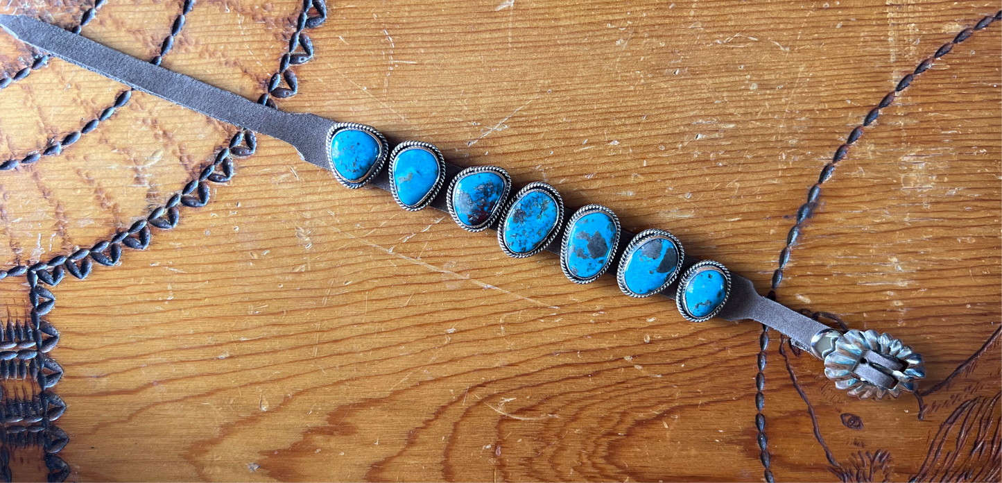 Native American Handmade Sterling, Turquoise on Leather Bracelet Sz 6.5-9”