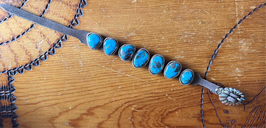 Native American Handmade Sterling, Turquoise on Leather Bracelet Sz 6.5-9β