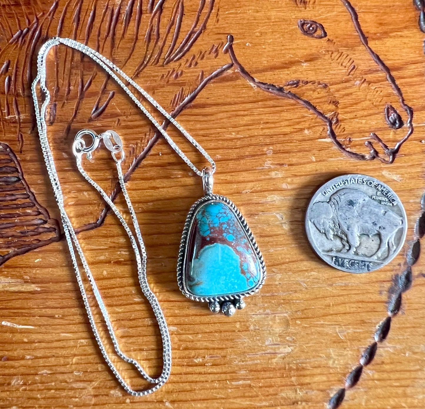 Handmade Sterling & Carico Lake Turquoise Pendant w/ 16” Sterling Box Chain