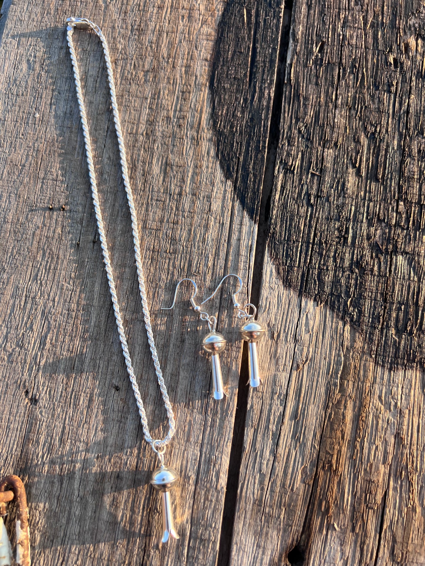 Sterling Silver Blossom Set. 10mm Bead Blossom Dangle Earrings 2” & Rope Necklace 16” w/ Blossom Pendant 1.2”